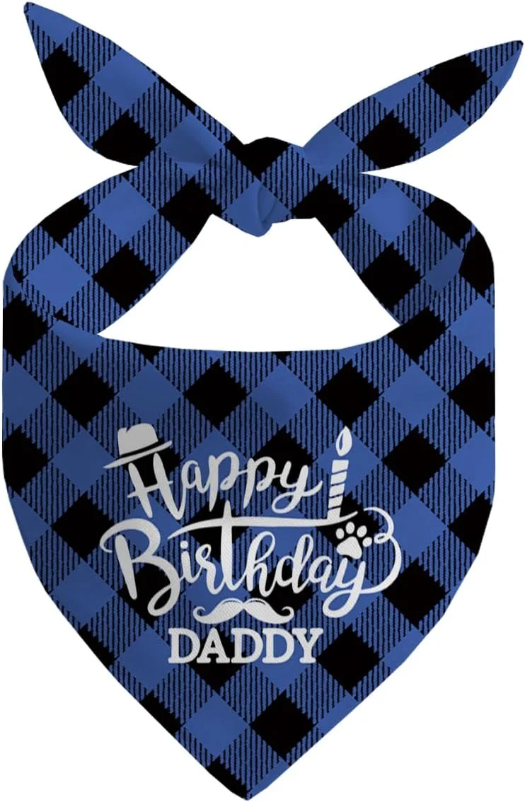 دستمال گردن سگ، دستمال گردن سگ طرح تولدت مبارک پدر، شال سگ با طرح چهارخانه آبی کلاسیک، شال گردن حیوانات خانگی، لوازم جانبی شال حیوانات خانگی، هدیه دستمال گردن سگ برای جشن تولد پدر H2