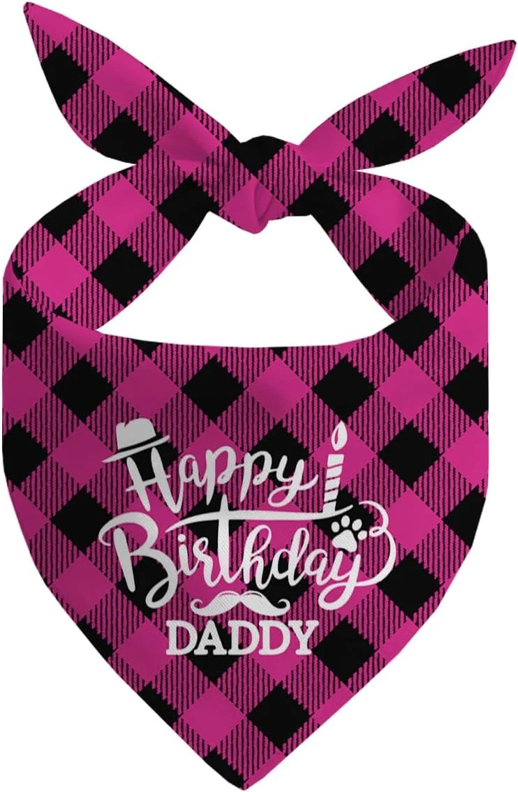 دستمال گردن سگ، دستمال گردن سگ طرح تولدت مبارک پدر، شال سگ با طرح چهارخانه صورتی کلاسیک، شال گردن حیوانات خانگی، لوازم جانبی شال حیوانات خانگی، هدیه دستمال گردن سگ برای جشن تولد پدر H4