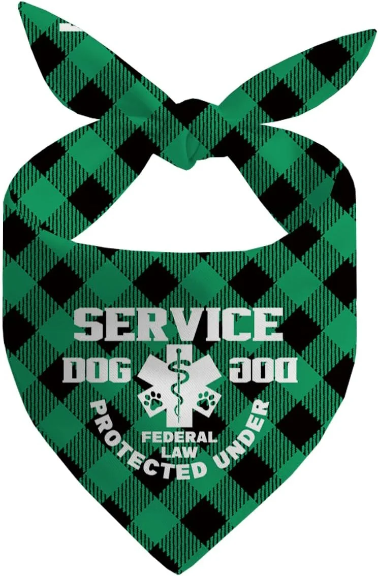 دستمال گردن سگ، دستمال سه گوش سگ، تگ سگ با محافظت فدرال و نماد هشدار پزشکی، شال سگ با طرح چهارخانه سبز کلاسیک، لوازم جانبی سگ مدل G3