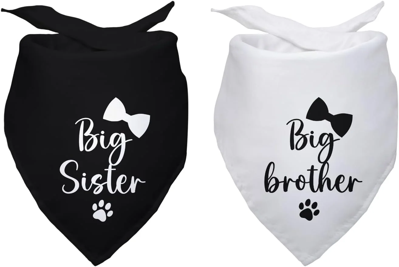 دستمال گردن سگ با طرح خواهر/برادر بزرگتر، مناسب اعلام بارداری حیوانات خانگی، تعیین جنسیت، عکاسی، تزئینات و لوازم جانبی، هدیه برای دوستداران سگ، بسته 2 عددی (سیاه و سفید)