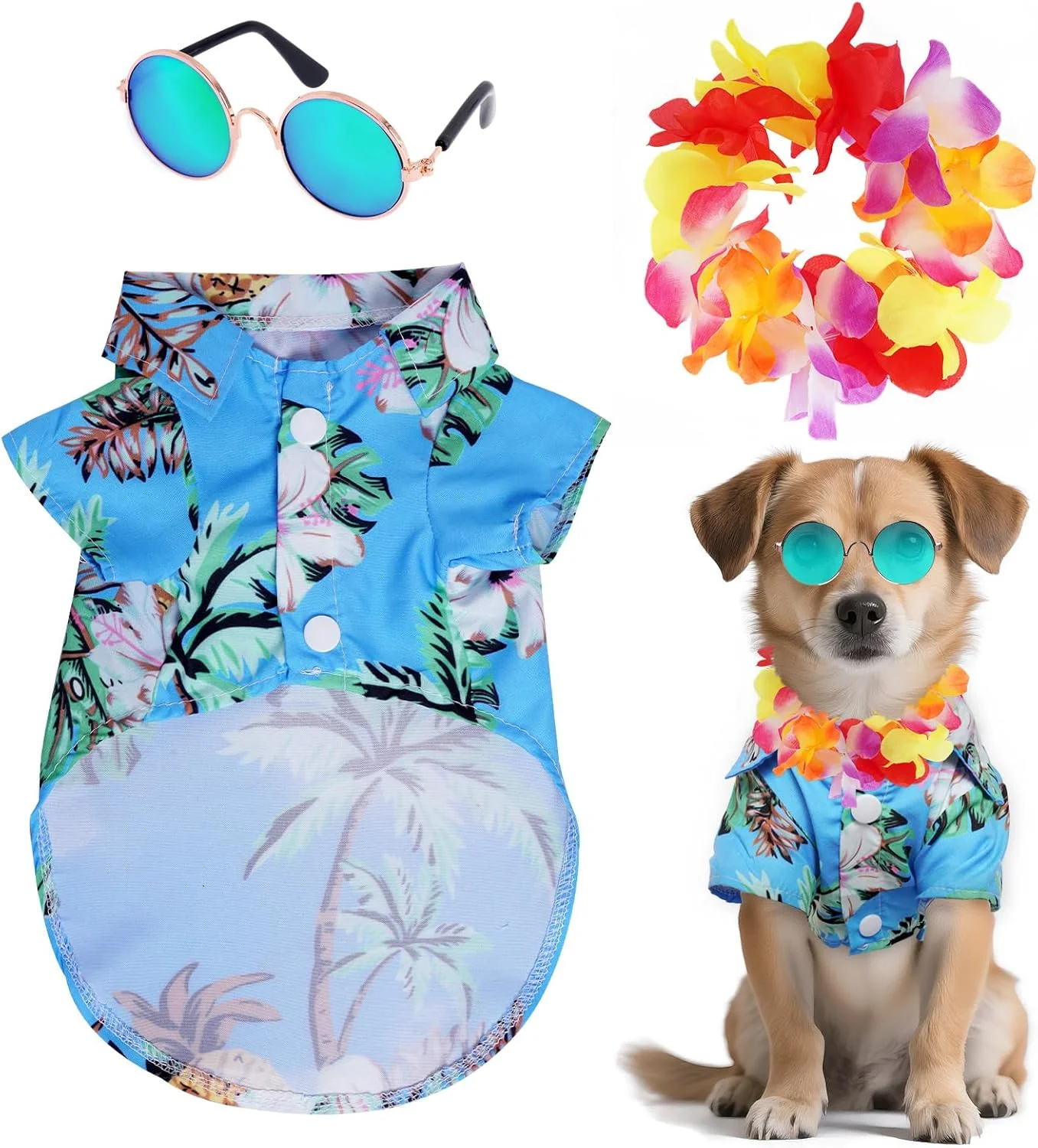 ست لباس هاوایی سگ خانگی با طرح باهاما شامل تیشرت خنک، عینک آفتابی فانتزی و تاج گل رنگارنگ مناسب سگ های کوچک و متوسط (آبی آسمانی، مدیوم)