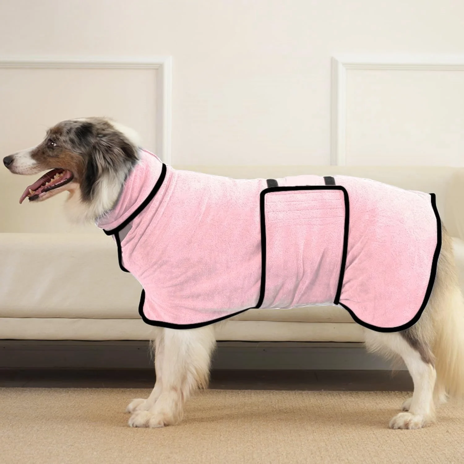روپوش حمام سگ، حوله روپوشی میکروفایبر جاذب برای خشک کردن سریع، کت خشک کن نرم و راحت سگ با بند شکمی قابل تنظیم، ایده آل برای حمام، شنا، پیاده روی در باران و گرم نگه داشتن (صورتی، متوسط)