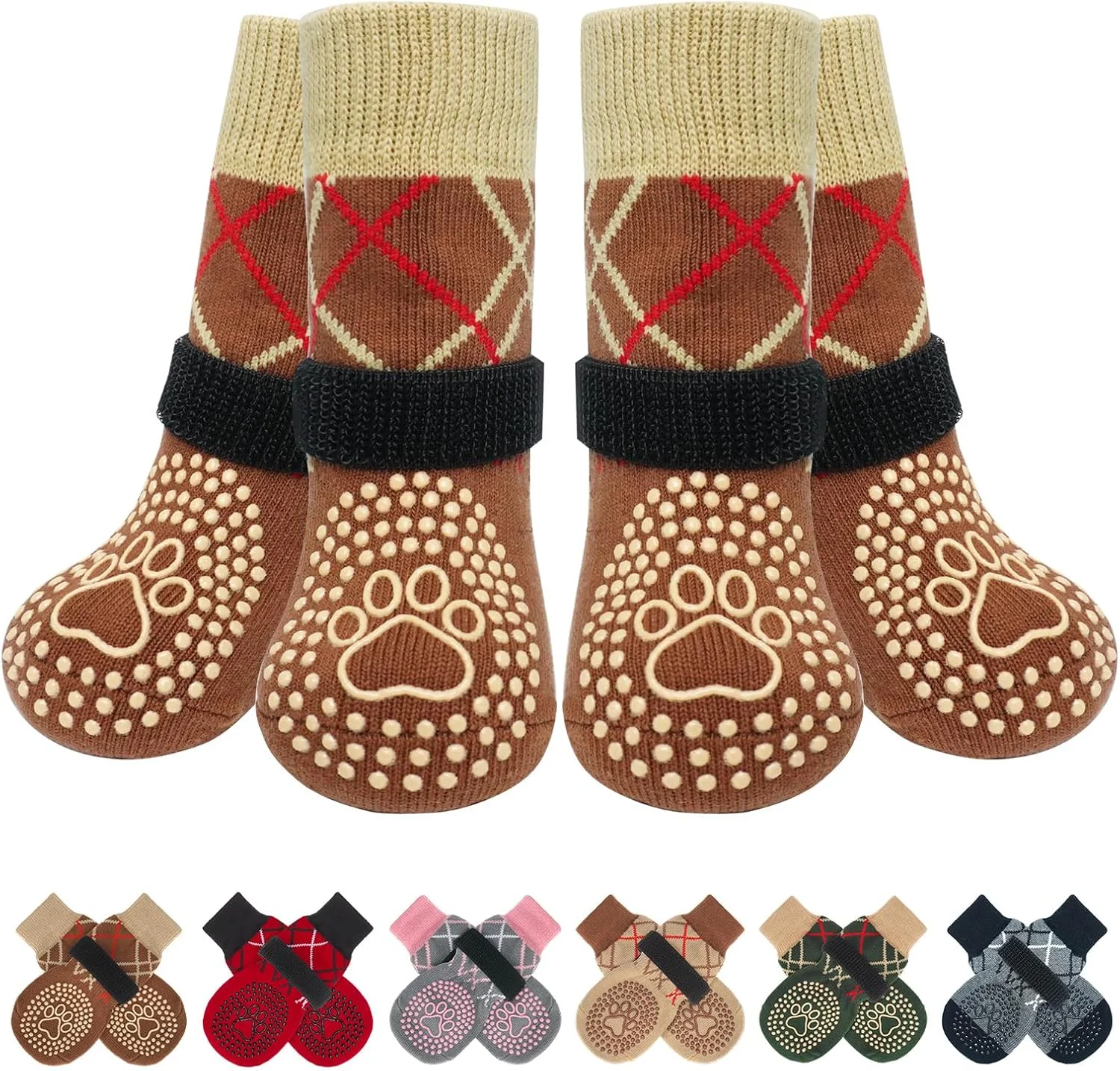 جوراب سگ بیوتی زو 6 عددی برای جلوگیری از لیسیدن پنجه، کفش ضد لغزش سگ برای سطوح سخت و چوبی، چکمه های محافظ پنجه و کنترل کشش برای سگ های کوچک، متوسط و بزرگ، قهوه ای سایز M