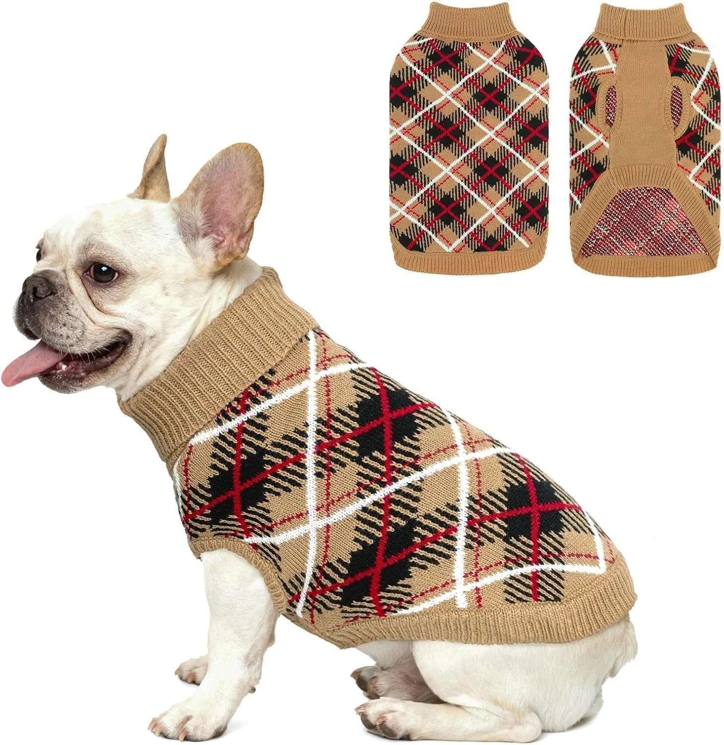 ژاکت سگ BEAUTYZOO، لباس بافتنی توله سگ مناسب هوای سرد، طرح راه راه بژ چهارخانه