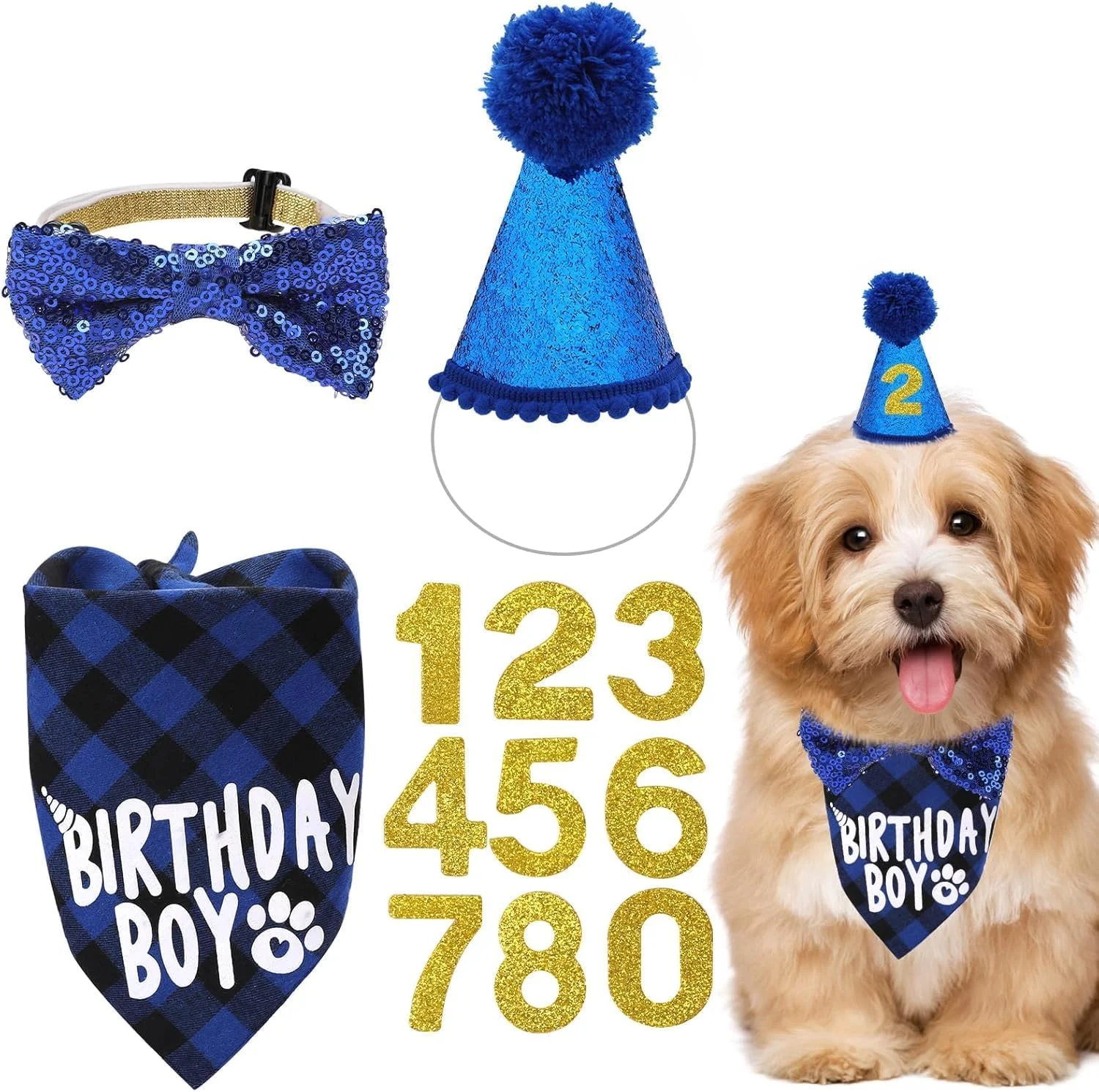 مجموعه جشن تولد سگ BIGTHREE، دستمال گردن حیوانات خانگی، کلاه اعداد تولد و پاپیون برای تزئینات جشن تولد توله سگ و گربه و لوازم جانبی لباس، برای سگ های کوچک، متوسط و بزرگ