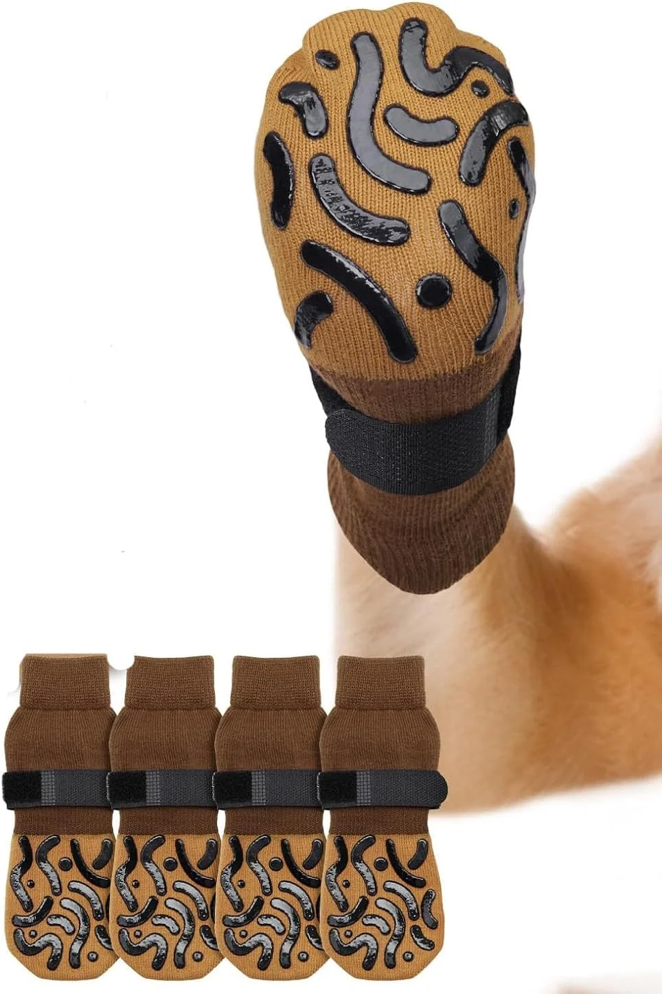 BIGTHREE دو جفت جوراب ضد لغزش سگ، جوراب محافظ پنجه سگ، جوراب سگ مناسب فضای باز، چسبندگی قوی، قابل تنظیم، راحت و تنفس پذیر، برای سگ های متوسط و بزرگ، ایجاد خاصیت ضد لغزش، قهوه ای.