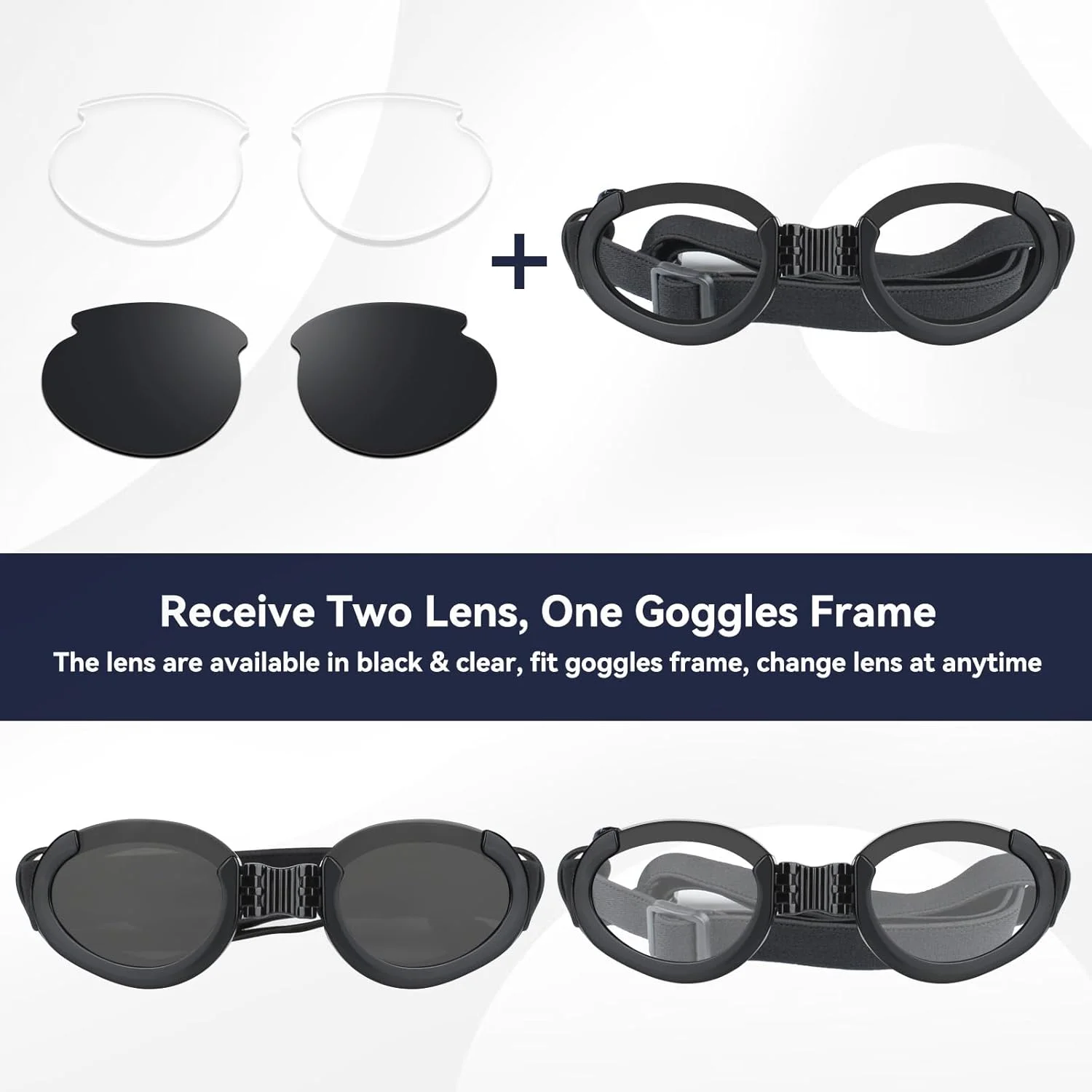 عینک آفتابی سگ قابل تنظیم، عینک موتورسواری ضد باد سگ با لنزهای قابل تعویض (مشکی + شفاف) عینک سگ برای سگ های متوسط ​​تا بزرگ