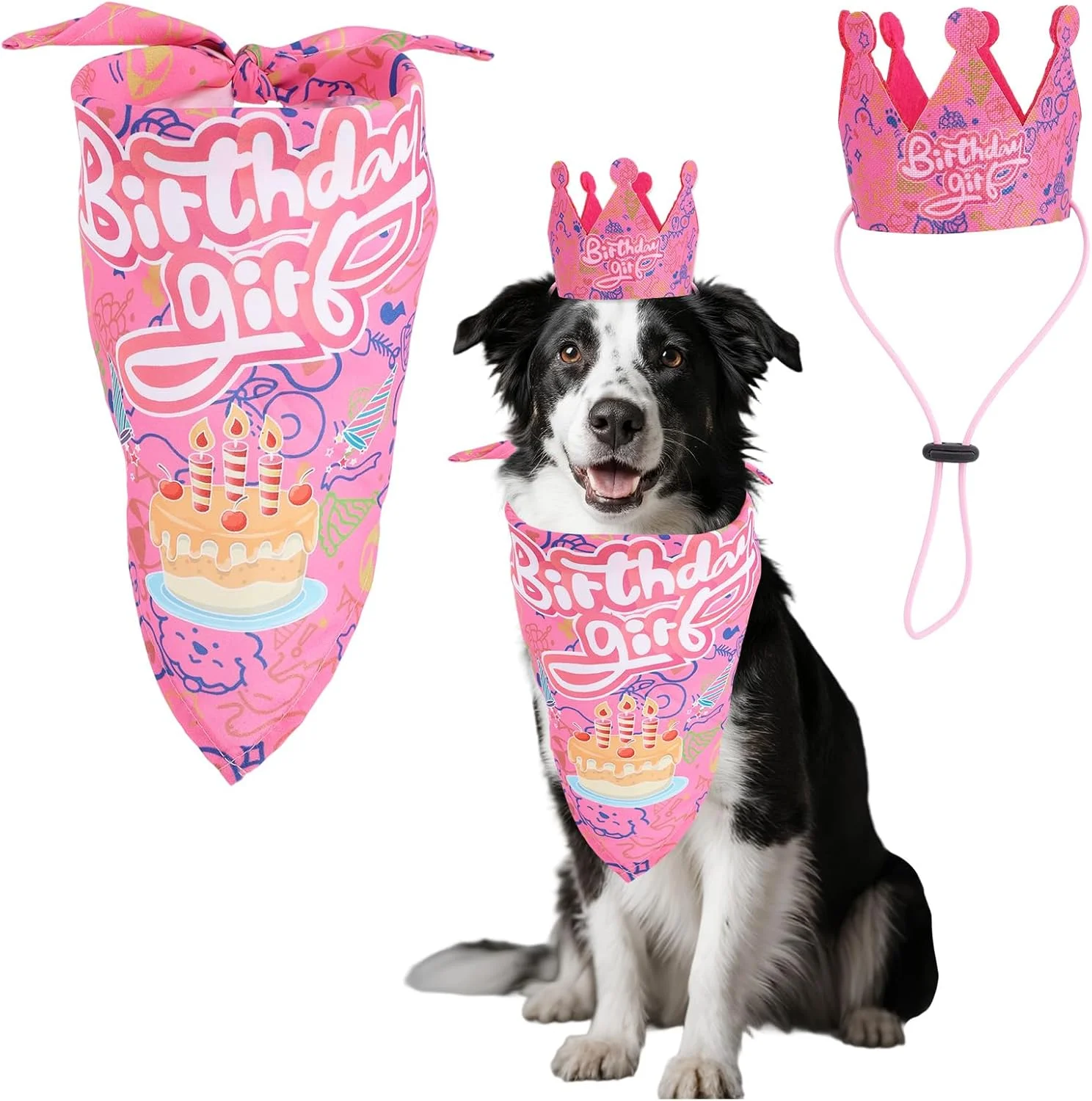 ست کلاه و دستمال گردن تولد حیوانات خانگی برای سگ ها و گربه ها، کلاه سگ قابل تنظیم صورتی لوازم جشن تولد سگ برای توله سگ های دخترانه و بچه گربه ها