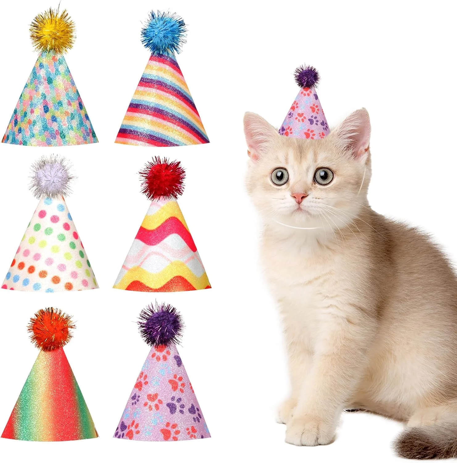 ست 6 عددی کلاه تولد برای سگ/گربه، کلاه مهمانی قابل تنظیم برای حیوانات خانگی کوچک، عروسک ها، توله سگ ها و خرگوش ها