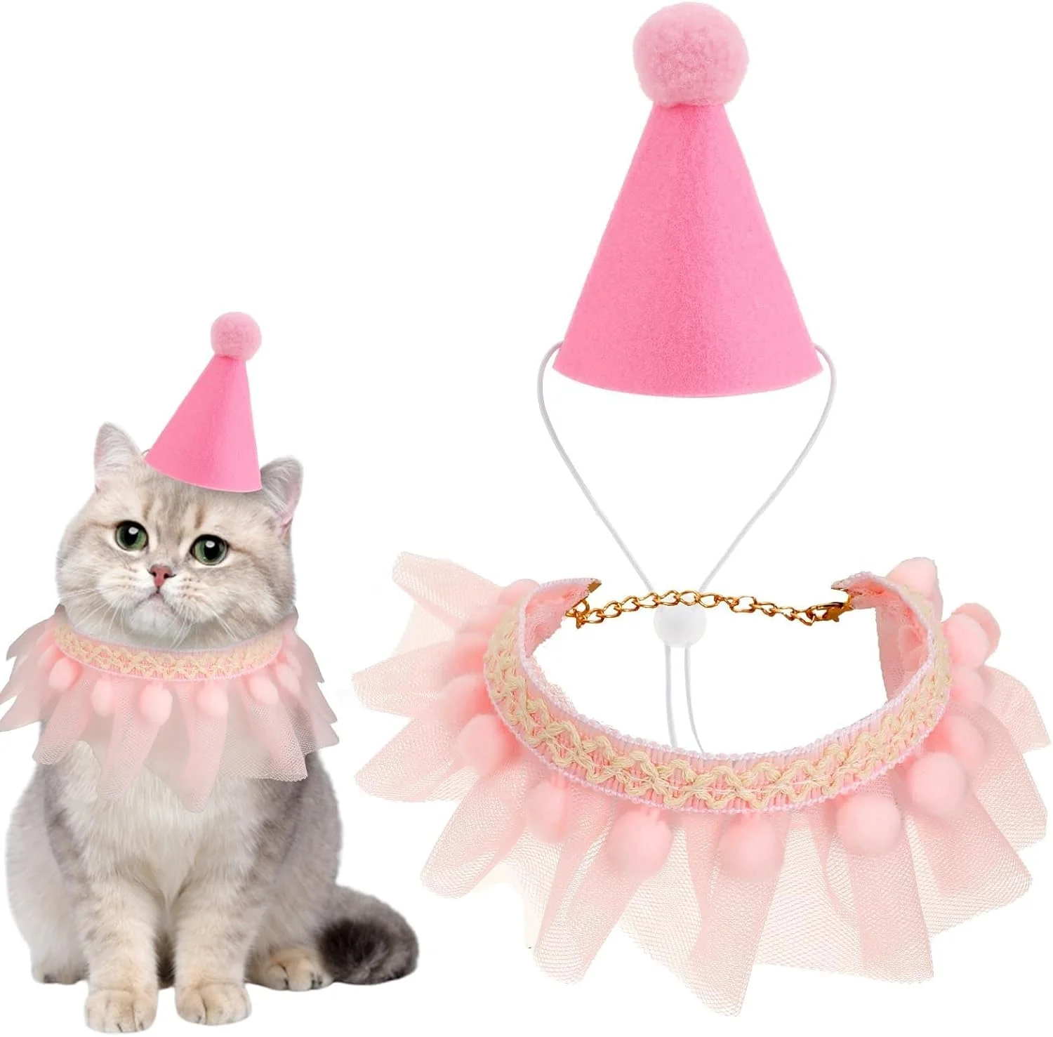 ست کلاه تولد و شال گردن گربه صورتی، لوازم جانبی لباس توری زیبا برای گربه ها، بچه گربه ها، توله سگ ها و سگ های کوچک، لباس مهمانی ایده آل برای جشن های تولد حیوانات خانگی