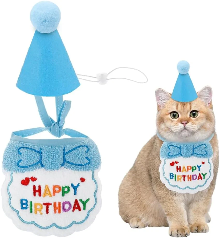 ست کلاه تولد، دستمال گردن و پاپیون سگ و گربه، لوازم تزئین تولد حیوانات خانگی، ست کلاه و شال تولد سگ و گربه، لوازم جشن تولد سگ (2 تکه، آبی)