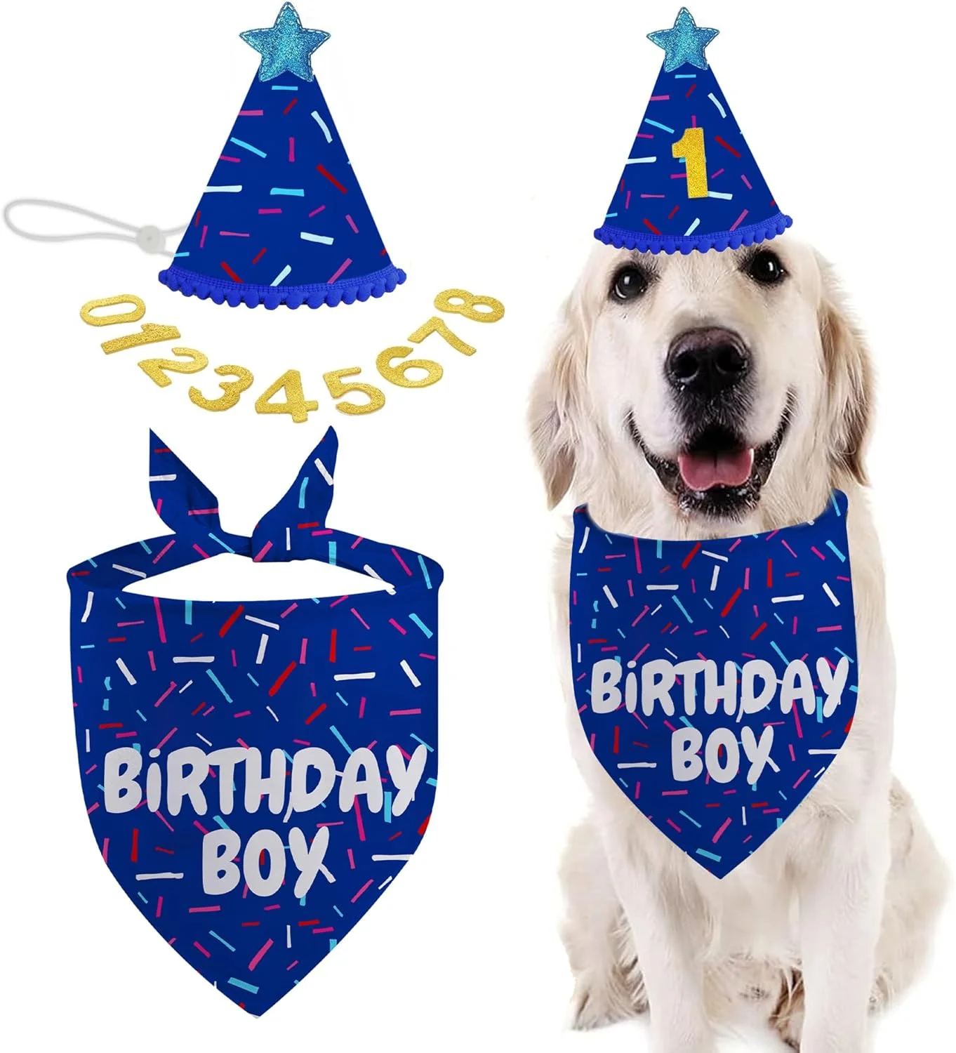 ست دستمال گردن تولد سگ، تزئینات پسرانه آبی، لوازم مهمانی تولدت مبارک با کلاه و دستمال سر برای حیوانات خانگی