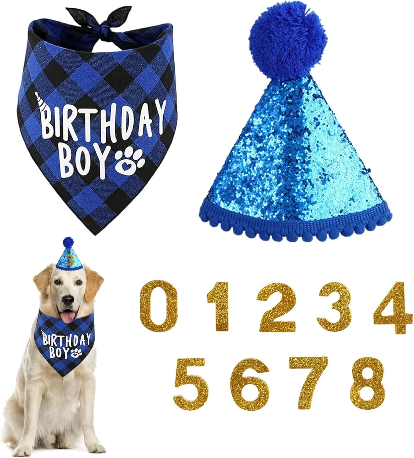 ست دستمال گردن تولد سگ، کلاه و شال تولد توله سگ، کلاه تولد حیوانات خانگی، کلاه مهمانی تاج آبی، لباس حیوانات خانگی، با 8 عدد نگین دار، قابل استفاده مجدد، برای سگ های کوچک و متوسط، گربه ها