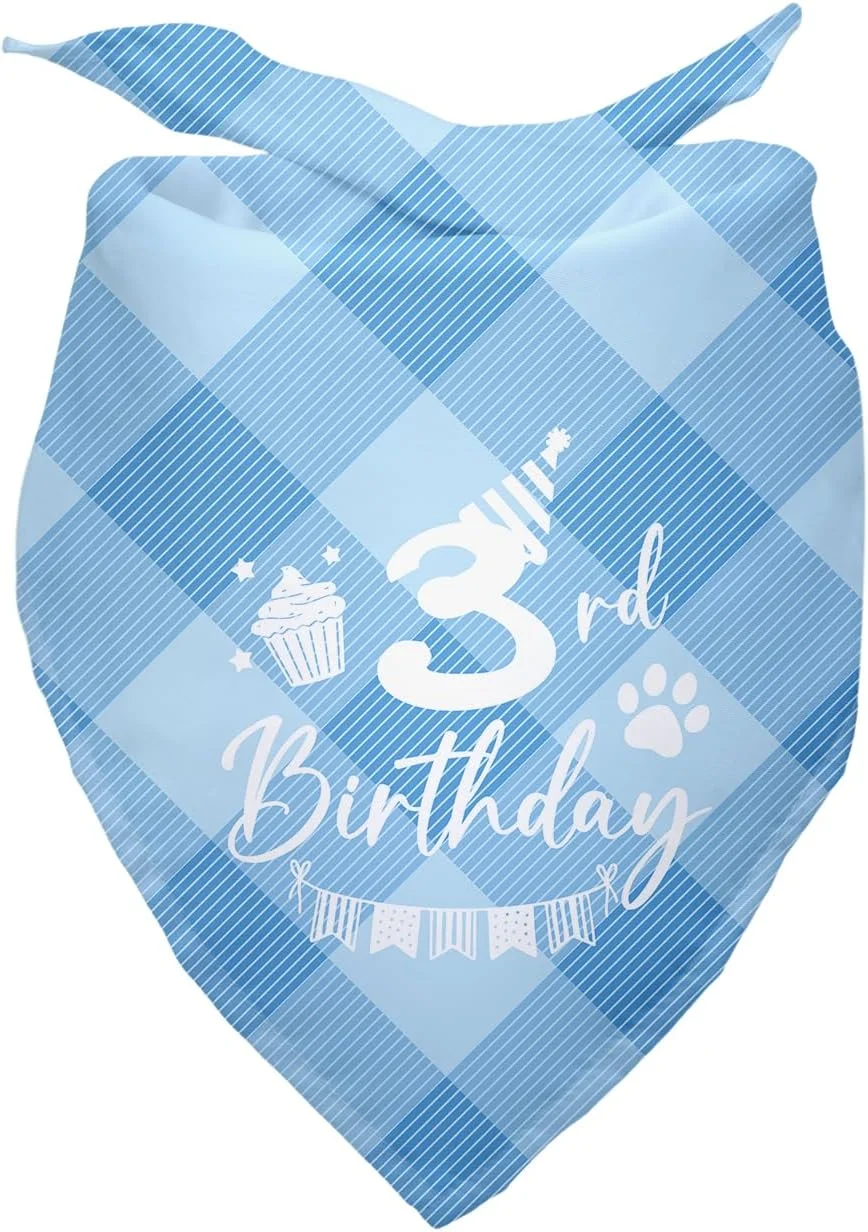 دستمال گردن سگ طرح تولد ۴ سالگی، دستمال گردن سگ چهارخانه آبی، هدیه برای دوستداران حیوانات خانگی، دکوراسیون جشن تولد ۴ سالگی