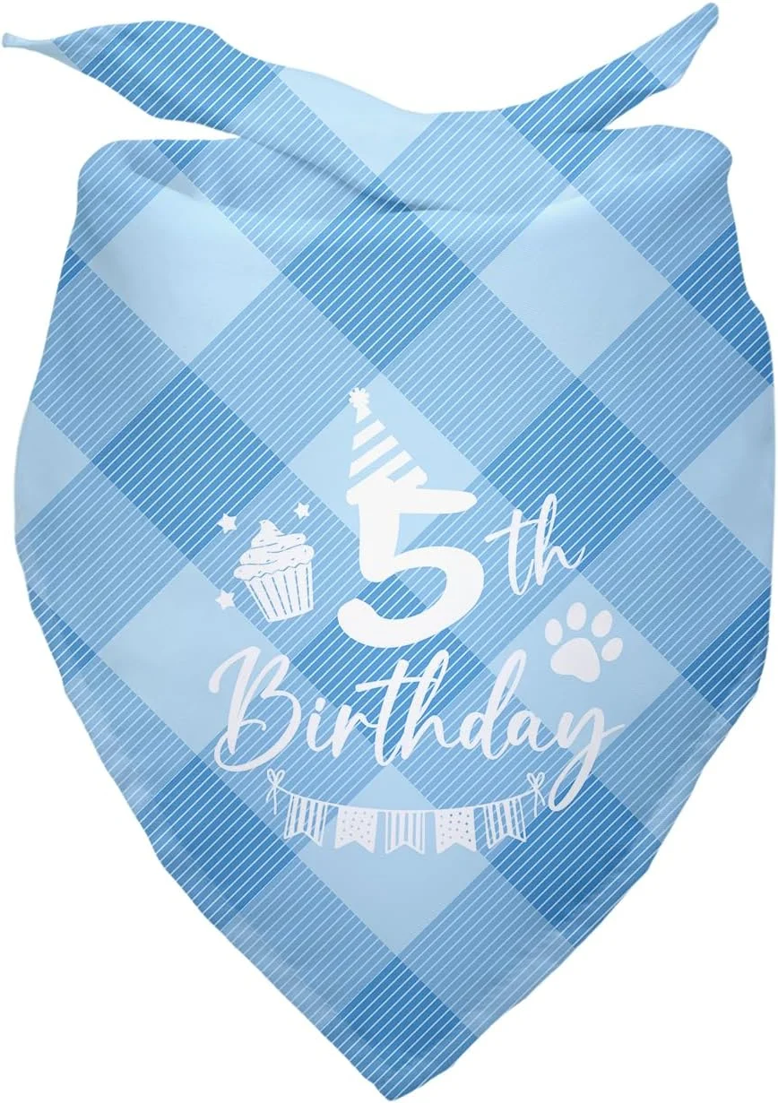 دستمال گردن سگ طرح تولد 5 سالگی، دستمال گردن چهارخانه آبی سگ، هدیه برای دوستداران حیوانات خانگی، تزئین جشن تولد 5 سالگی