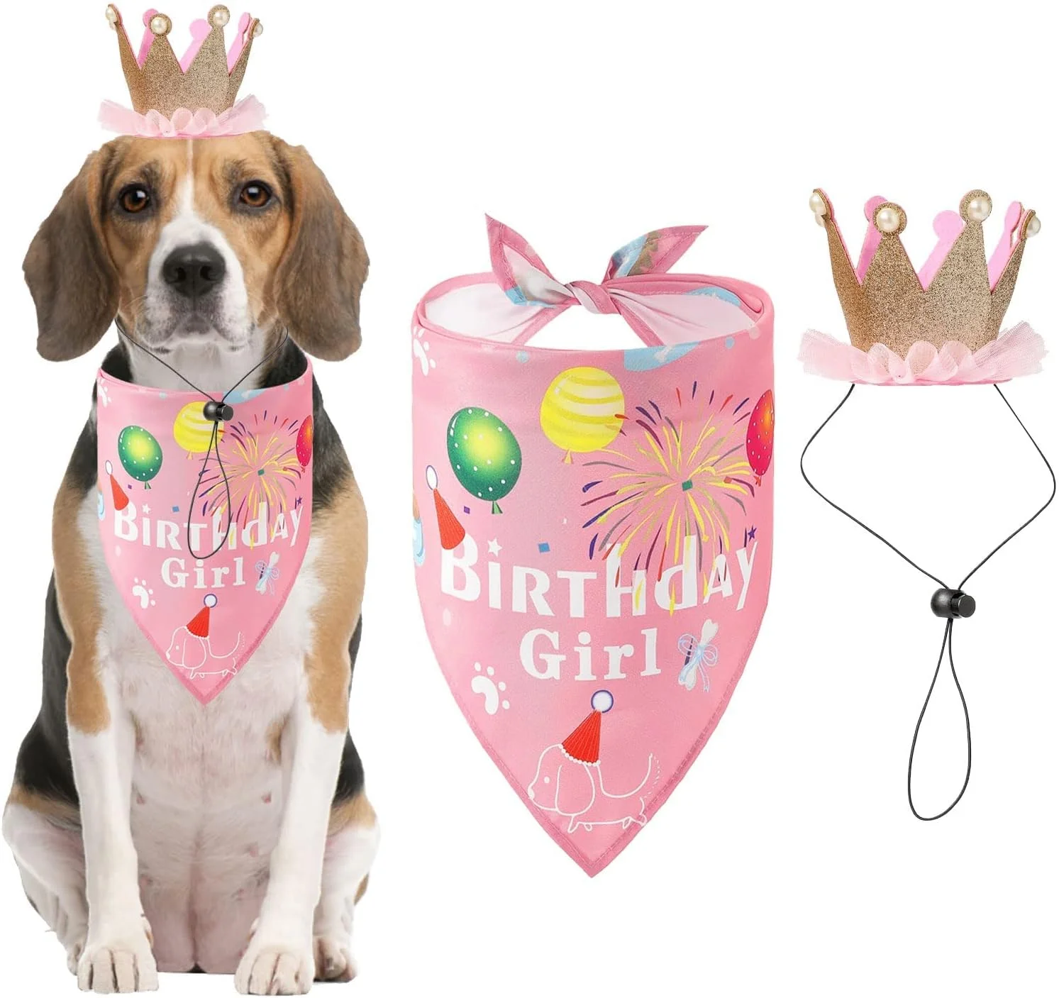 دستمال گردن تولد سگ، روسری و کلاه مهمانی تولد سگ دخترانه قابل استفاده مجدد با عدد، لوازم مهمانی تولد حیوانات خانگی سگ و گربه سایز کوچک و متوسط ​​صورتی