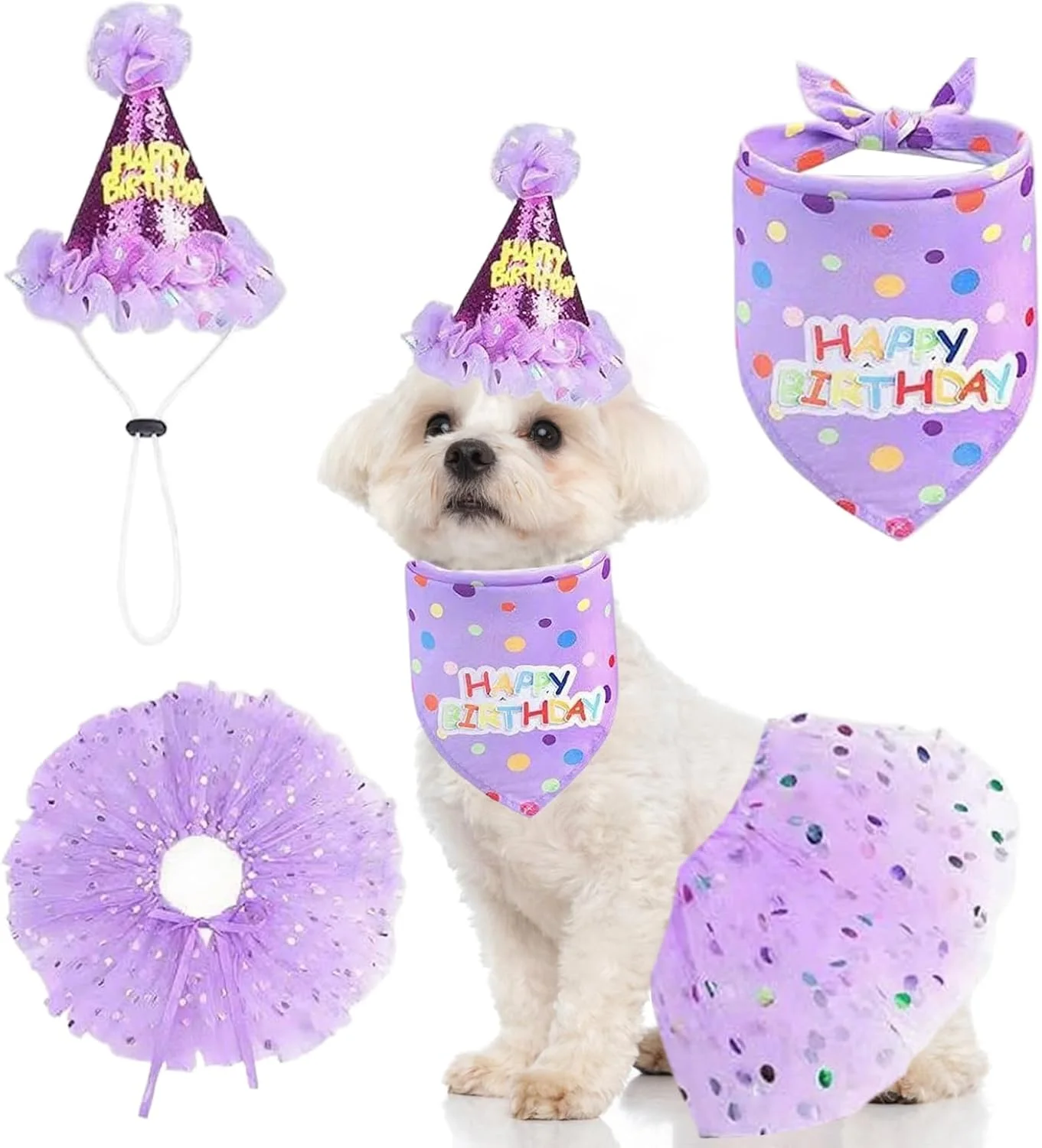 ست 3 تکه تولد سگ، هدیه تولد سگ، تزئینات تولد سگ، کلاه مهمانی سگ (بنفش)
