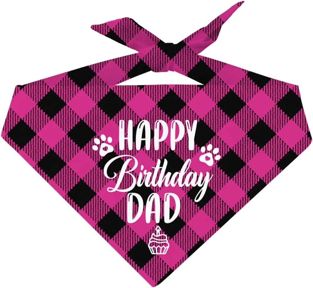 دستمال گردن سگ طرح تولدت مبارک پدر، دستمال گردن راحت سگ برای حیوانات خانگی، روسری سگ با چاپ شطرنجی کلاسیک مشکی صورتی، هدیه لوازم جانبی روسری حیوانات خانگی برای جشن تولد پدر