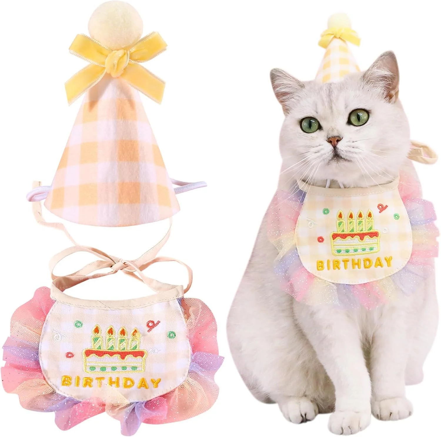 ست کلاه و دستمال گردن تولد حیوانات خانگی، لباس بانداژ گربه گلدوزی شده زیبا، لباس پرنسس طرح چهارخانه گربه، ست تزئینات پیشبند توری سگ برای حیوانات خانگی کوچک و متوسط، 2 عدد، زرد