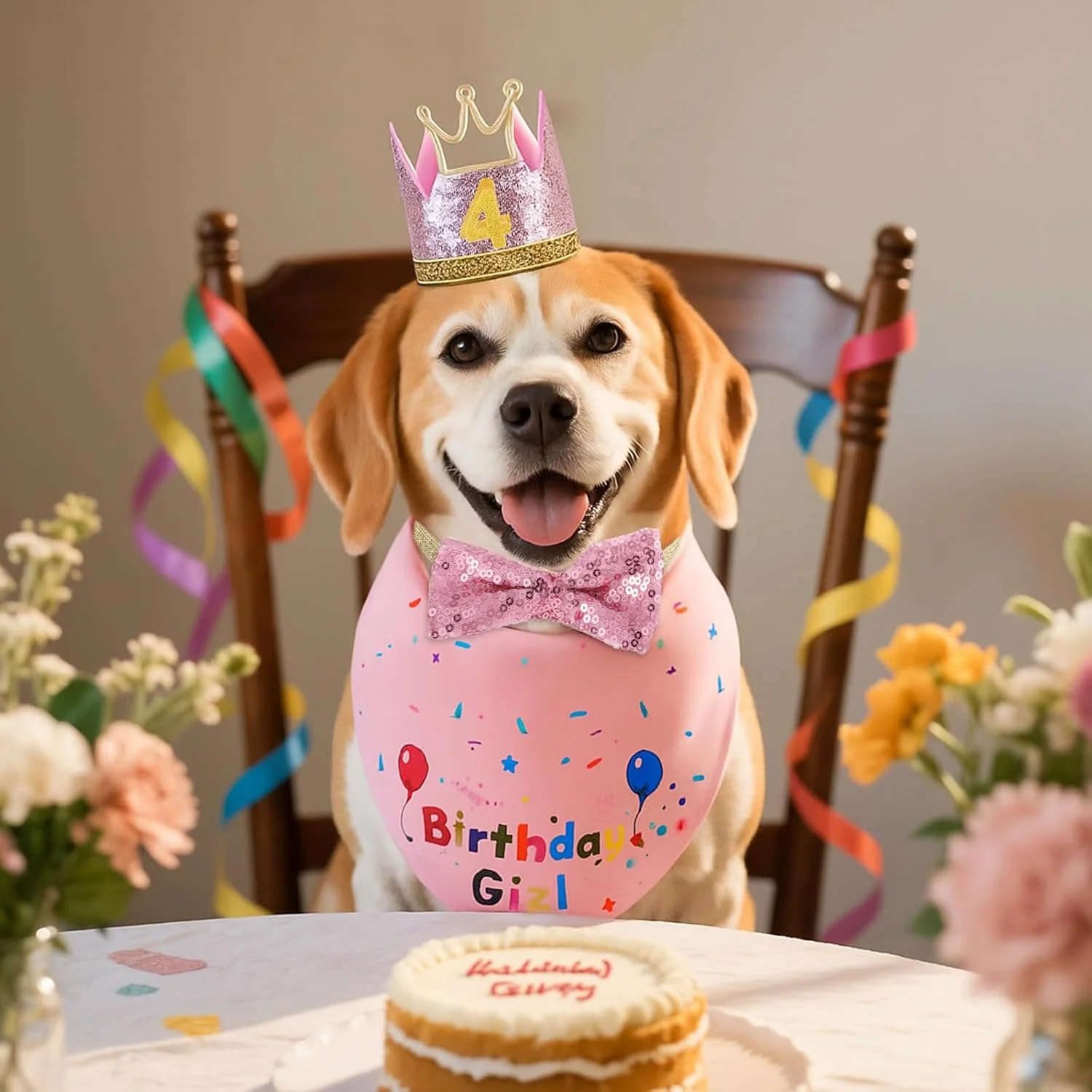 لوازم جشن تولد سگ دخترانه شامل کلاه تولد سگ، دستمال گردن، پاپیون و تاج با اعداد برای سگ ها و حیوانات خانگی (صورتی)