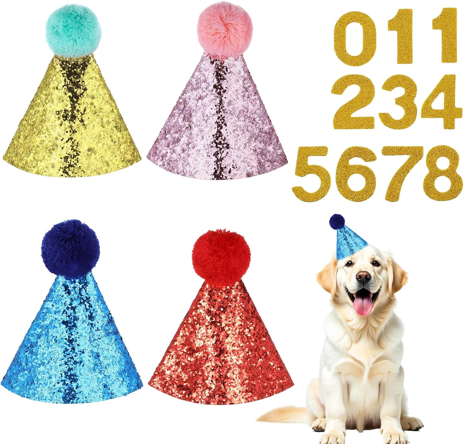 کلاه تولد سگ، 4 عدد کلاه مهمانی زیبا برای سگ و گربه با اعداد 0-9، مناسب تعطیلات، عروسی، توله سگ ها و بچه گربه ها (قرمز، صورتی، آبی، طلایی)