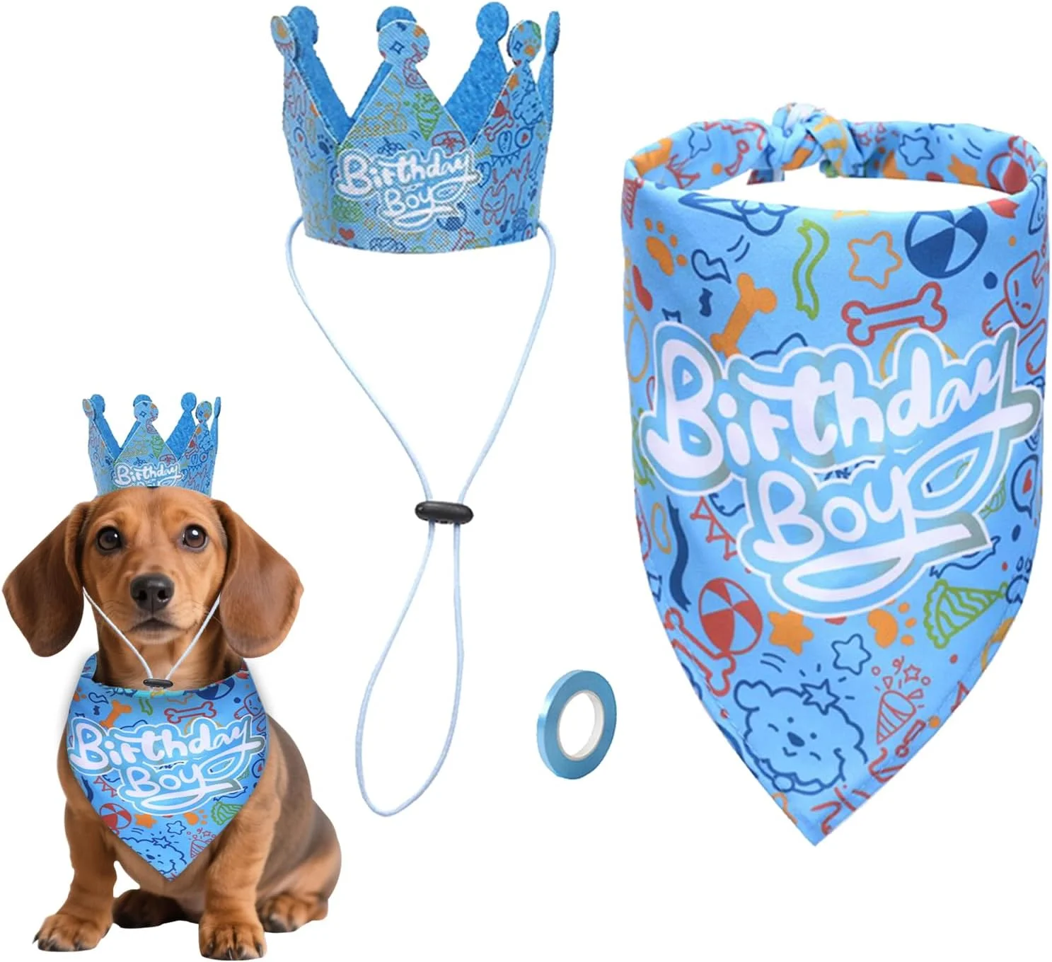 لوازم جشن تولد سگ، ست دستمال گردن تولد سگ، ست دستمال گردن و کلاه قابل تنظیم برای سگ های کوچک، متوسط و بزرگ (آبی)، تزئینات جشن حیوانات خانگی