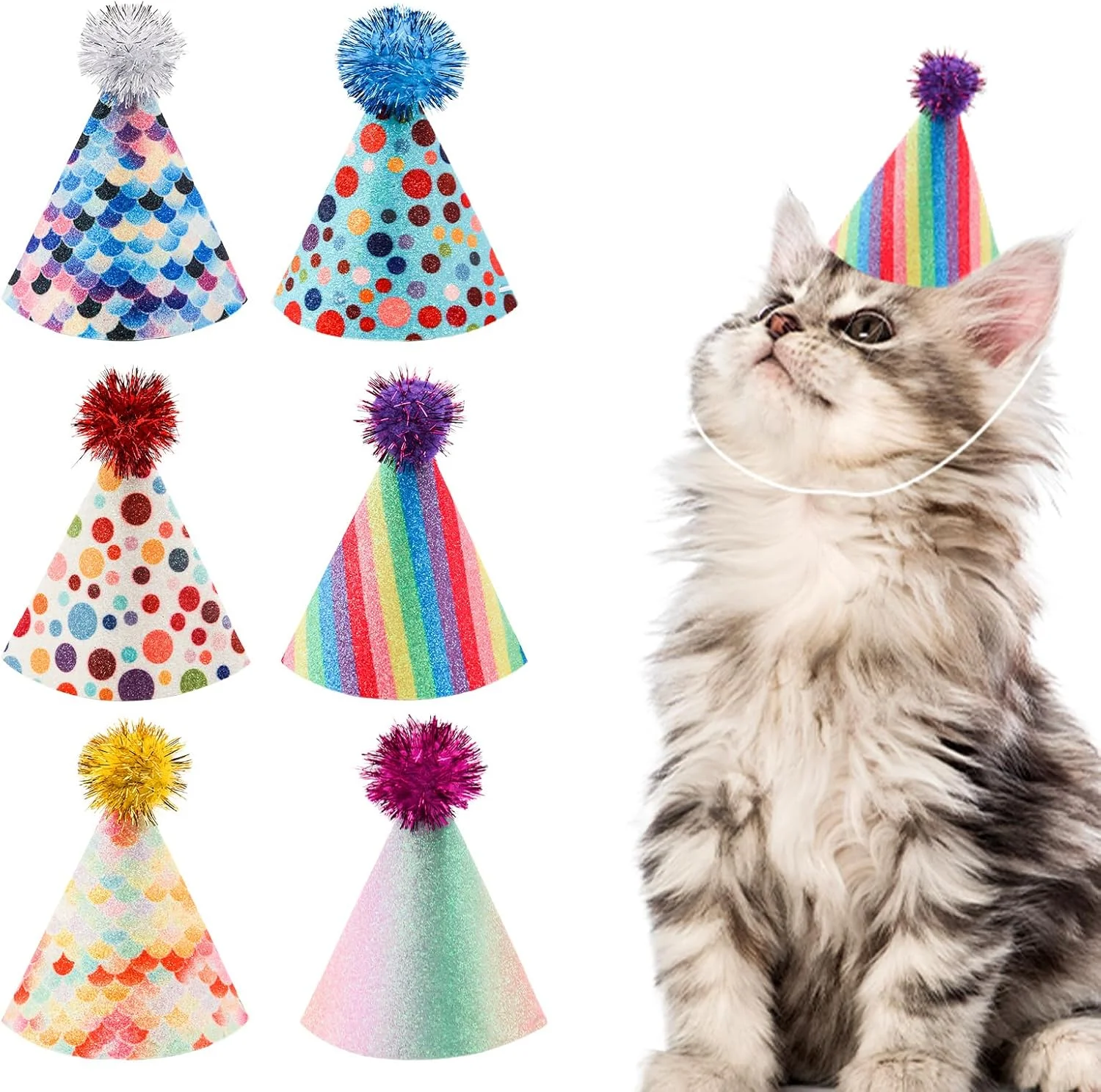 ست تولد ۶ تکه برای سگ/گربه و کلاه های مهمانی مینیاتوری برای حیوانات عروسکی، هدبند قابل تنظیم، کلاه های تولد چند رنگ برای بچه گربه ها، خرگوش ها، گربه ها، سگ ها، حیوانات کوچک