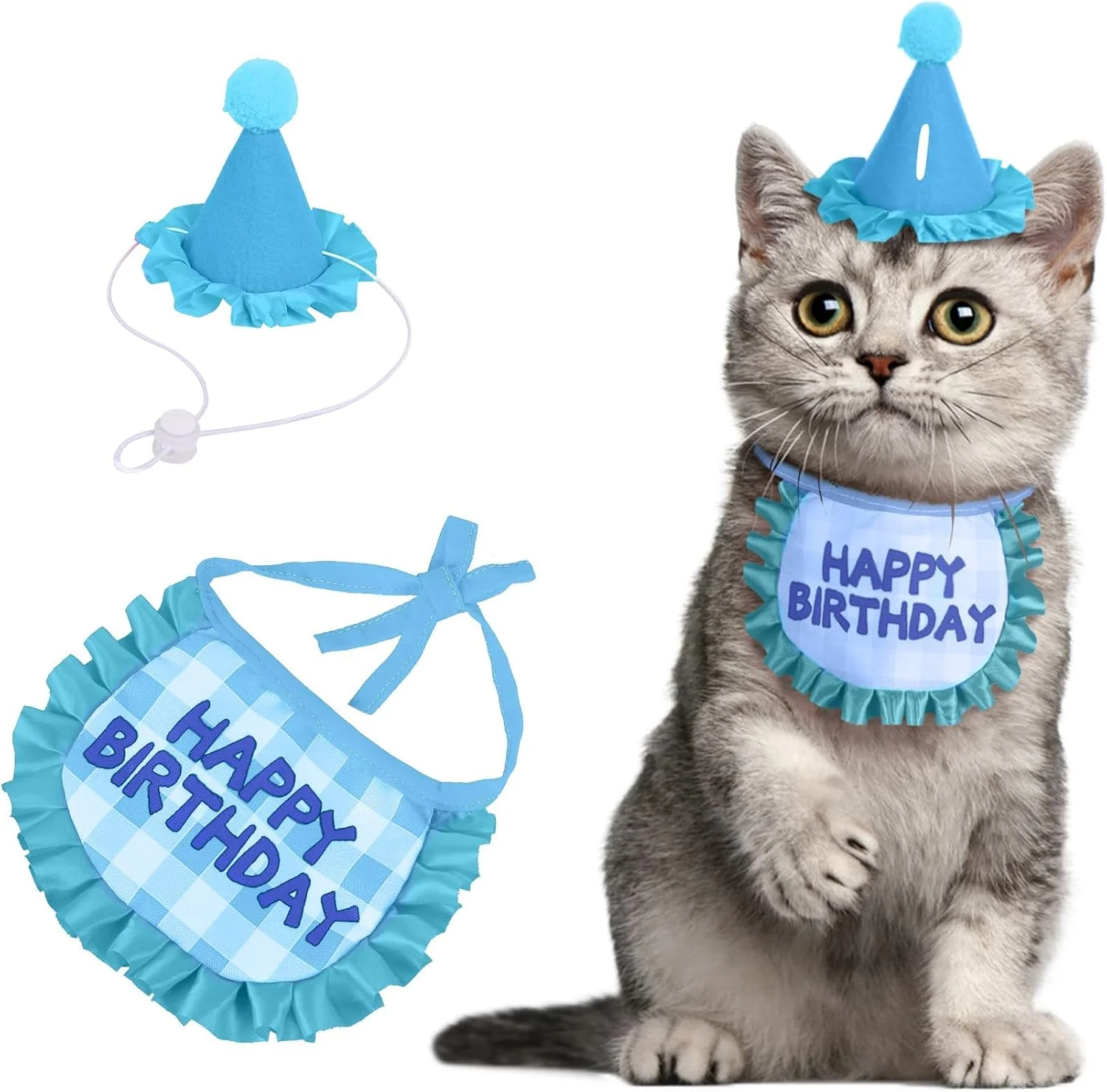 ست کلاه و شال تولد حیوانات خانگی، 2 تکه لوازم مهمانی باندانا تولد حیوانات خانگی دوست داشتنی، پاپیون یقه قابل تنظیم حیوانات خانگی، لوازم آرایش مهمانی، مناسب برای بچه گربه، سگ کوچک و متوسط، آبی