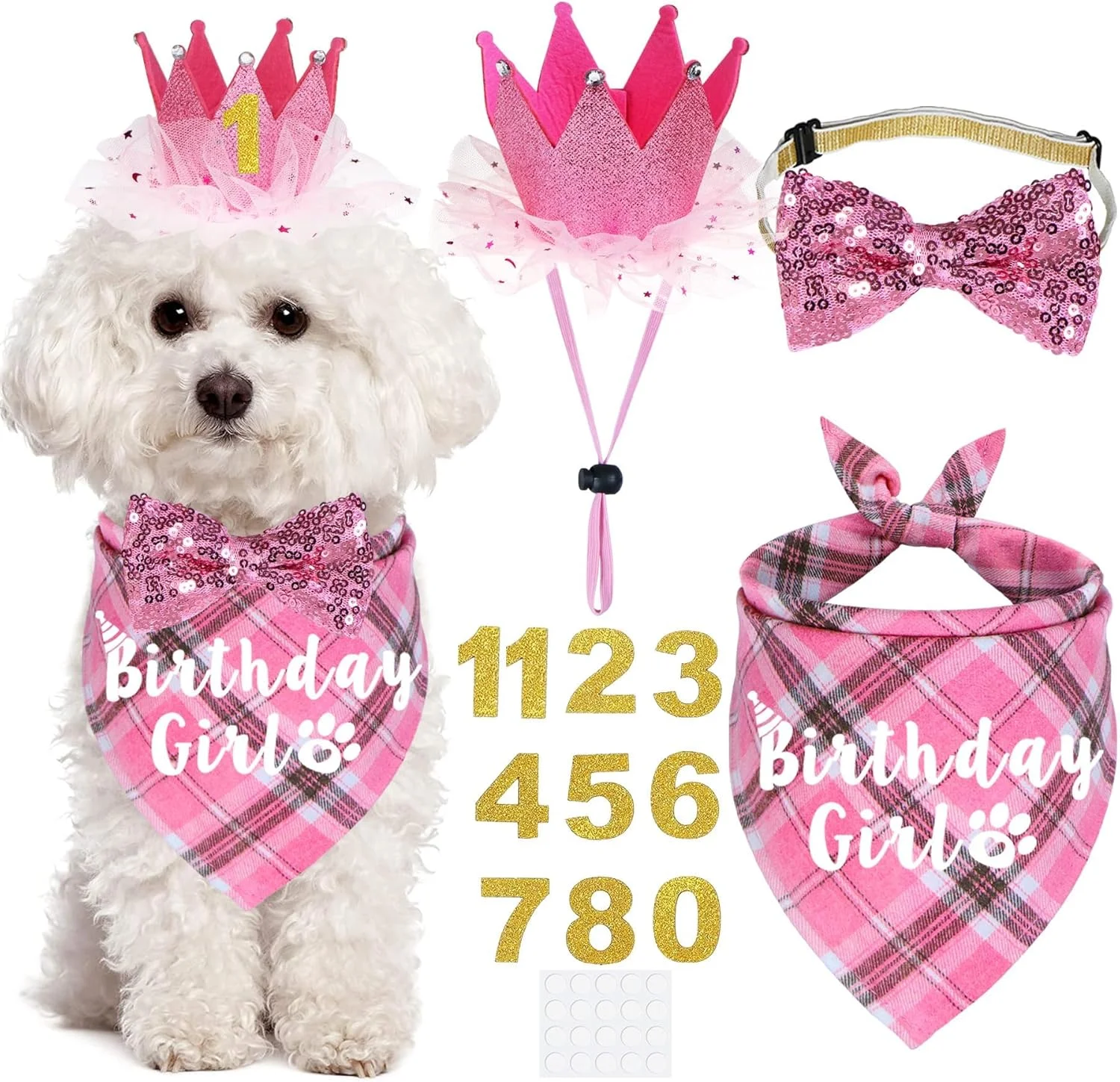لوازم جشن تولد سگ، کلاه تولد حیوانات خانگی با اعداد، ست تولد سگ دخترانه، کلاه تاج دستمال گردن با پاپیون برای سگ ها گربه ها، لوازم حیوانات خانگی، صورتی، L