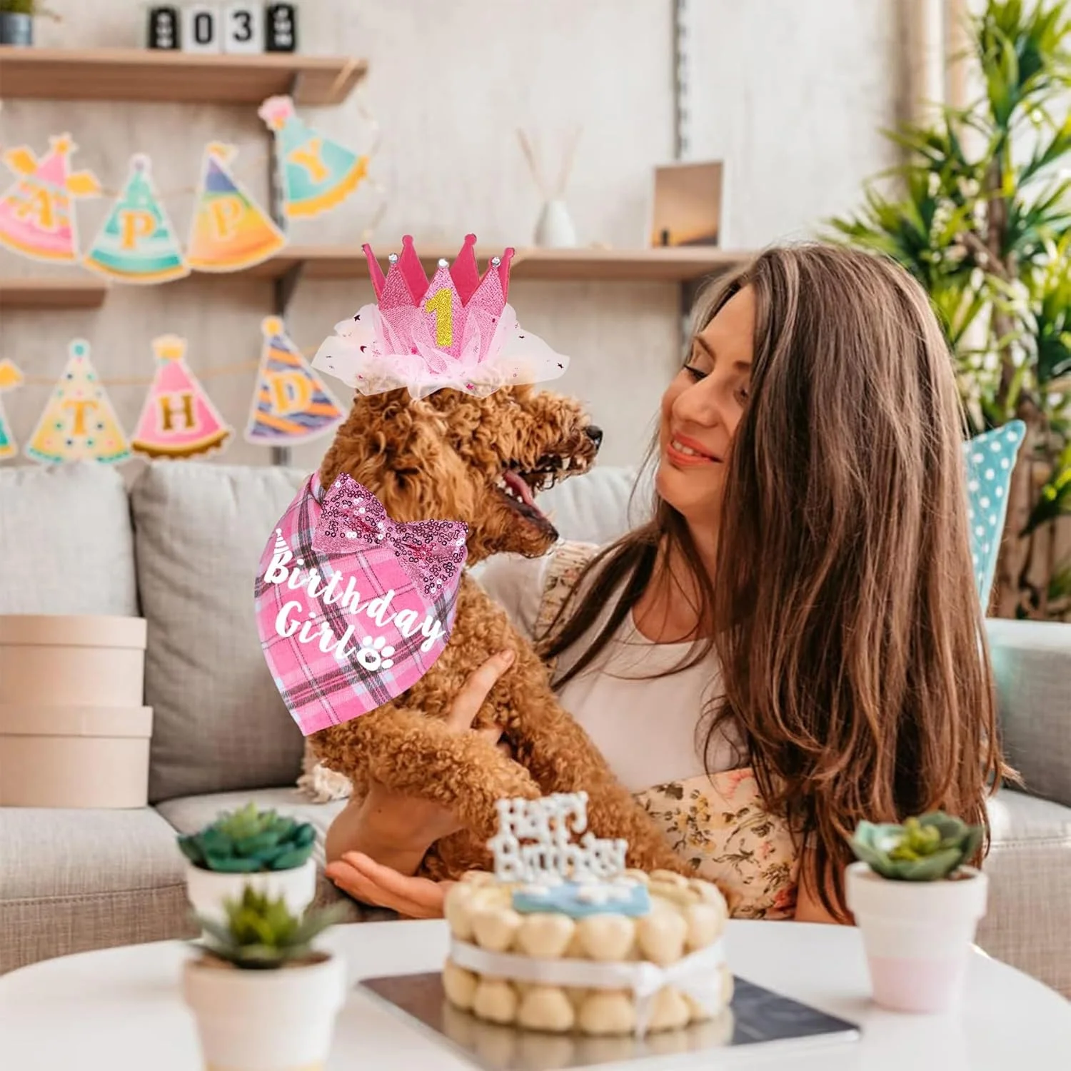 لوازم جشن تولد سگ، کلاه تولد حیوانات خانگی با اعداد، ست تولد سگ دخترانه، کلاه تاج دستمال گردن با پاپیون برای سگ ها گربه ها، لوازم حیوانات خانگی، صورتی، L