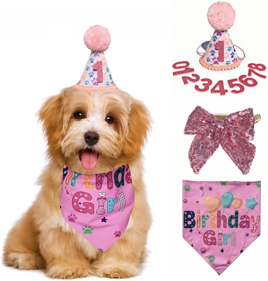 ست 4 تکه لوازم جشن تولد سگ، شامل کلاه تولد سگ، دستمال گردن و پاپیون با اعداد 0 تا 8 برای تزئین تولد سگ های کوچک و متوسط دختر و پسر (صورتی)