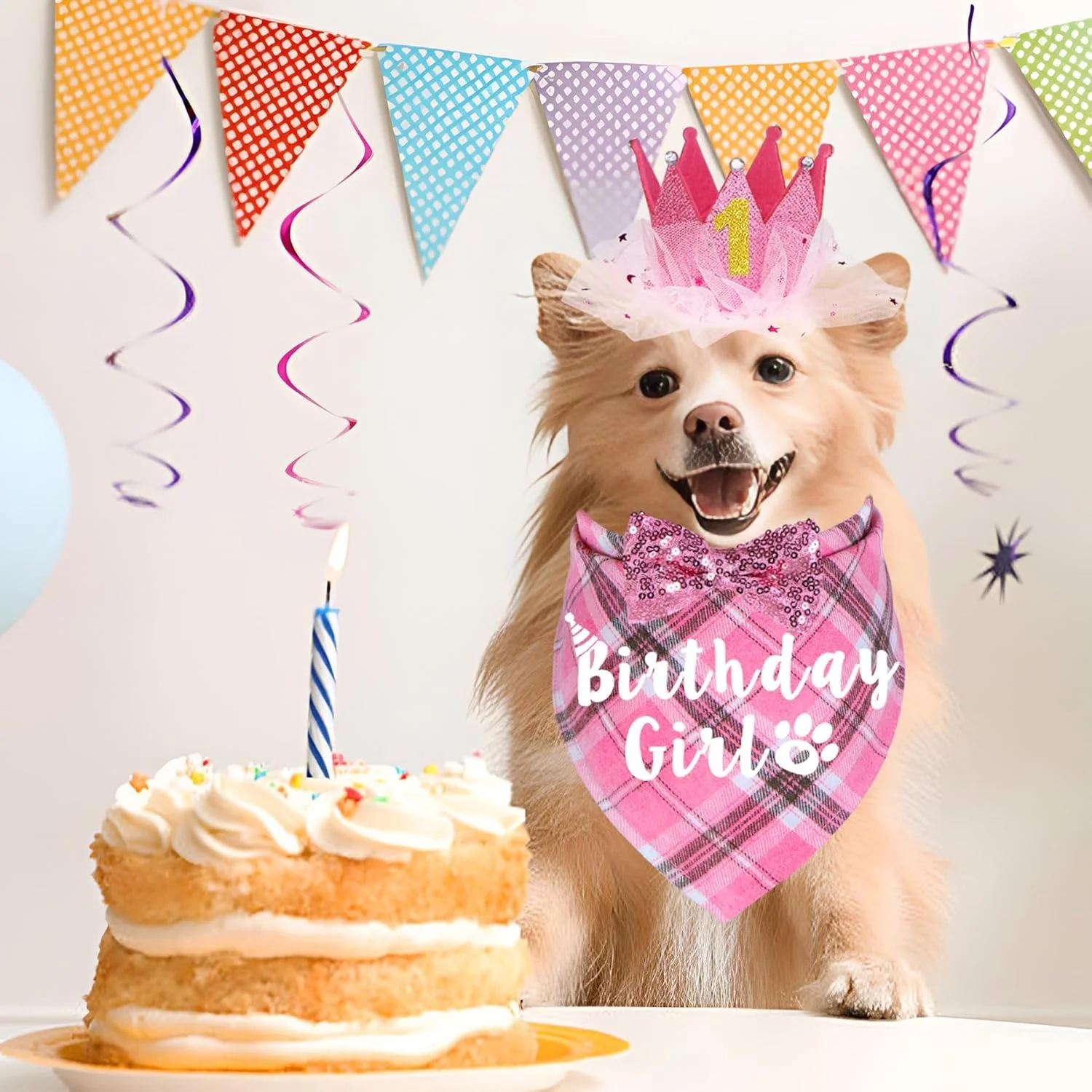لوازم جشن تولد سگ، کلاه تولد حیوانات خانگی با اعداد، ست تولد سگ دخترانه، کلاه تاج دستمال گردن با پاپیون برای سگ ها گربه ها، لوازم حیوانات خانگی، صورتی، L