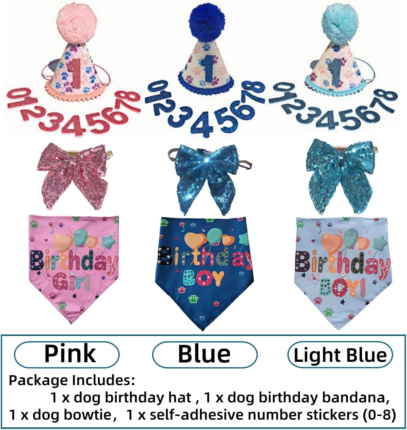 ست 4 تکه لوازم جشن تولد سگ، شامل کلاه تولد سگ، دستمال گردن و پاپیون با اعداد 0 تا 8 برای تزئین تولد سگ های کوچک و متوسط دختر و پسر (صورتی)