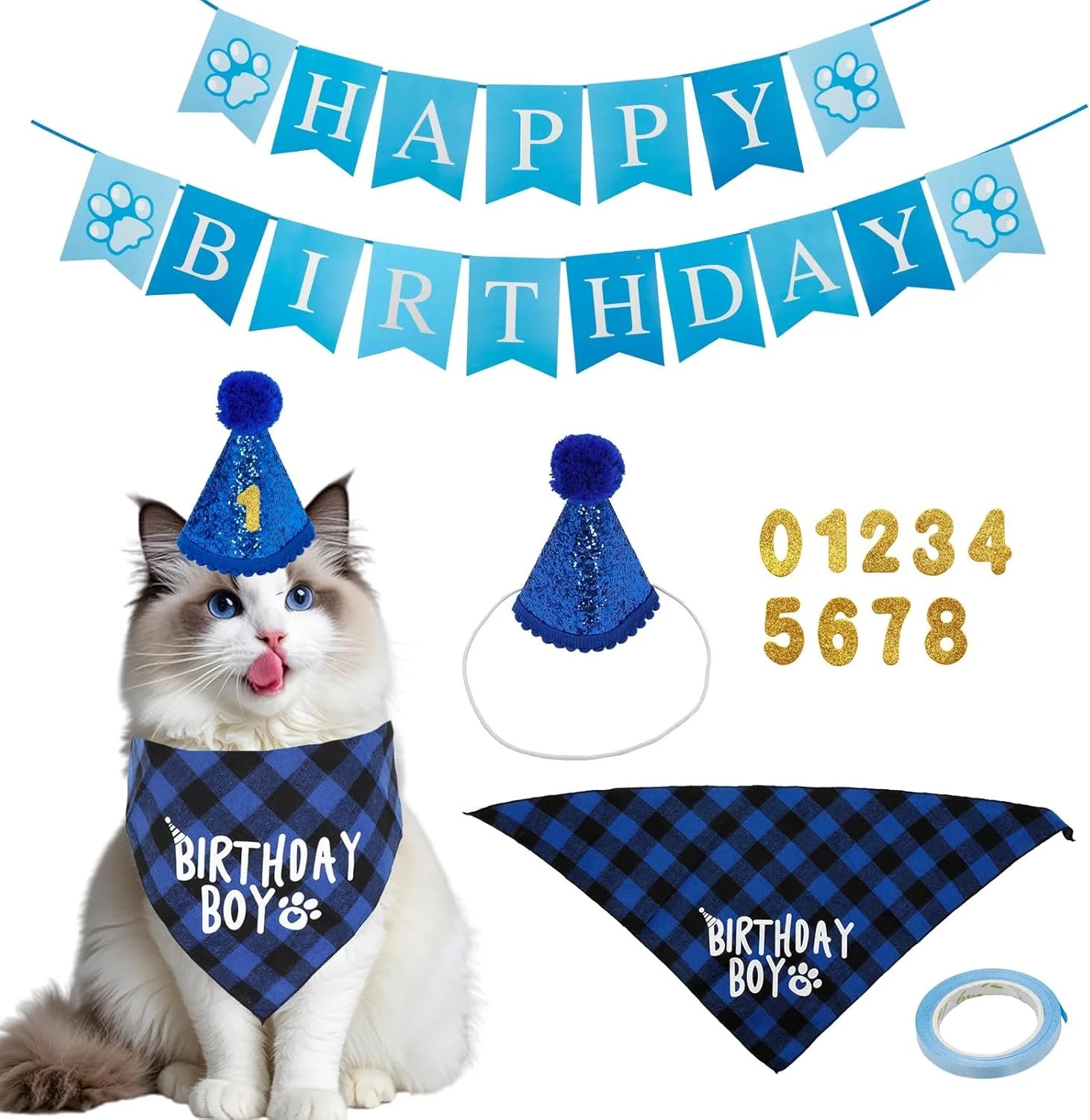 لوازم جشن تولد سگ، ست دستمال گردن تولد سگ همراه با کلاه جشن تولد و اعداد برای سگ های بزرگ، متوسط و کوچک (آبی)