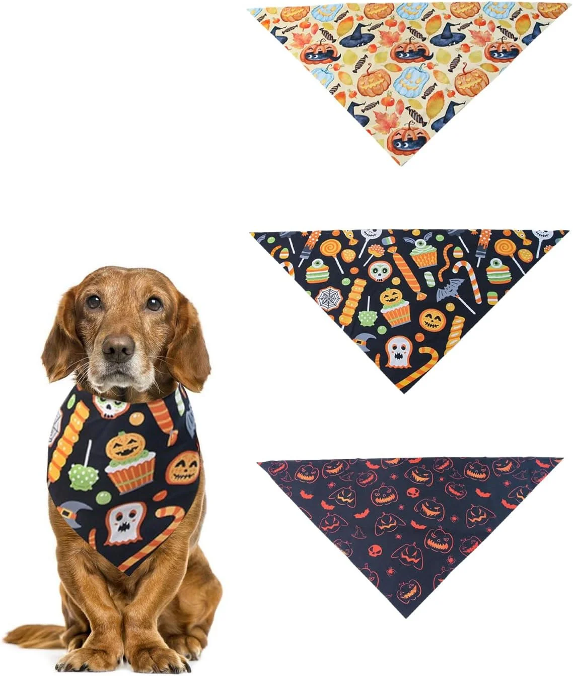 بسته 3 عددی دستمال گردن سگ هالووین، دستمال سر سگ مثلثی قابل تنظیم با طرح کدو تنبل جادوگر، مناسب برای لباس های هالووین سگ