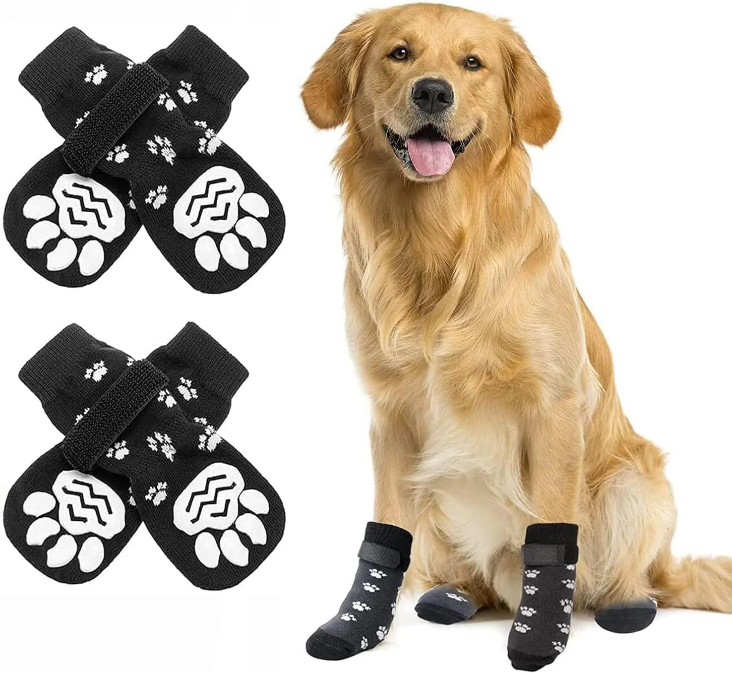 جوراب سگ ضد لغزش بولیوی، 2 جفت کفش سگ چسبنده با کفی لاستیکی، پوشش پنجه برای سگ های کوچک، متوسط و بزرگ، محافظت از کف داخلی در برابر خراش