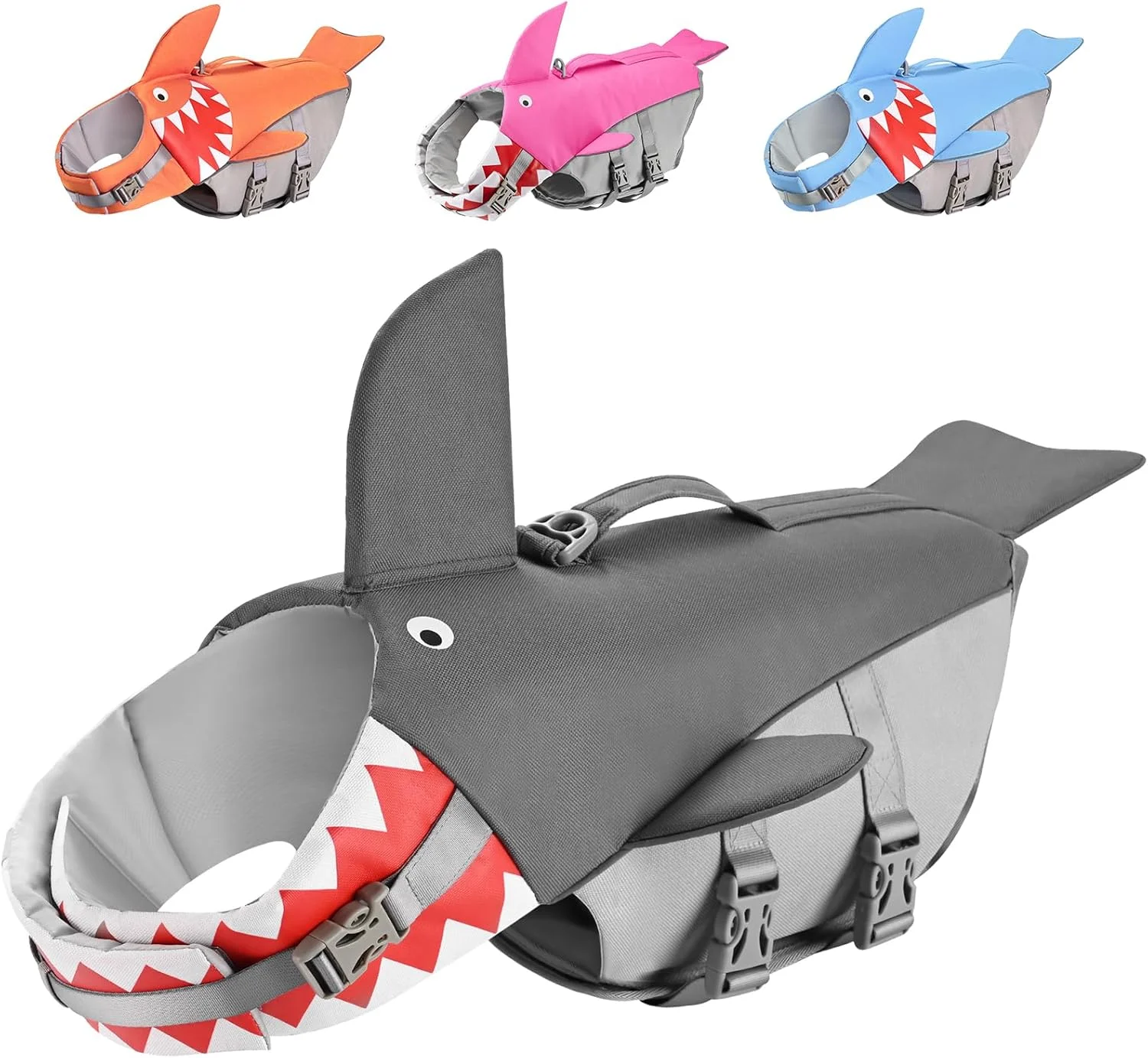 جلیقه نجات سگ مدل کوسه ای، جلیقه شنای سگ برای سگ های بزرگ، جلیقه نجات حیوانات خانگی مقاوم در برابر پارگی قابل تنظیم برای قایق سواری و شنا - دارای نوارهای بازتابنده و دسته نجات (خاکستری)