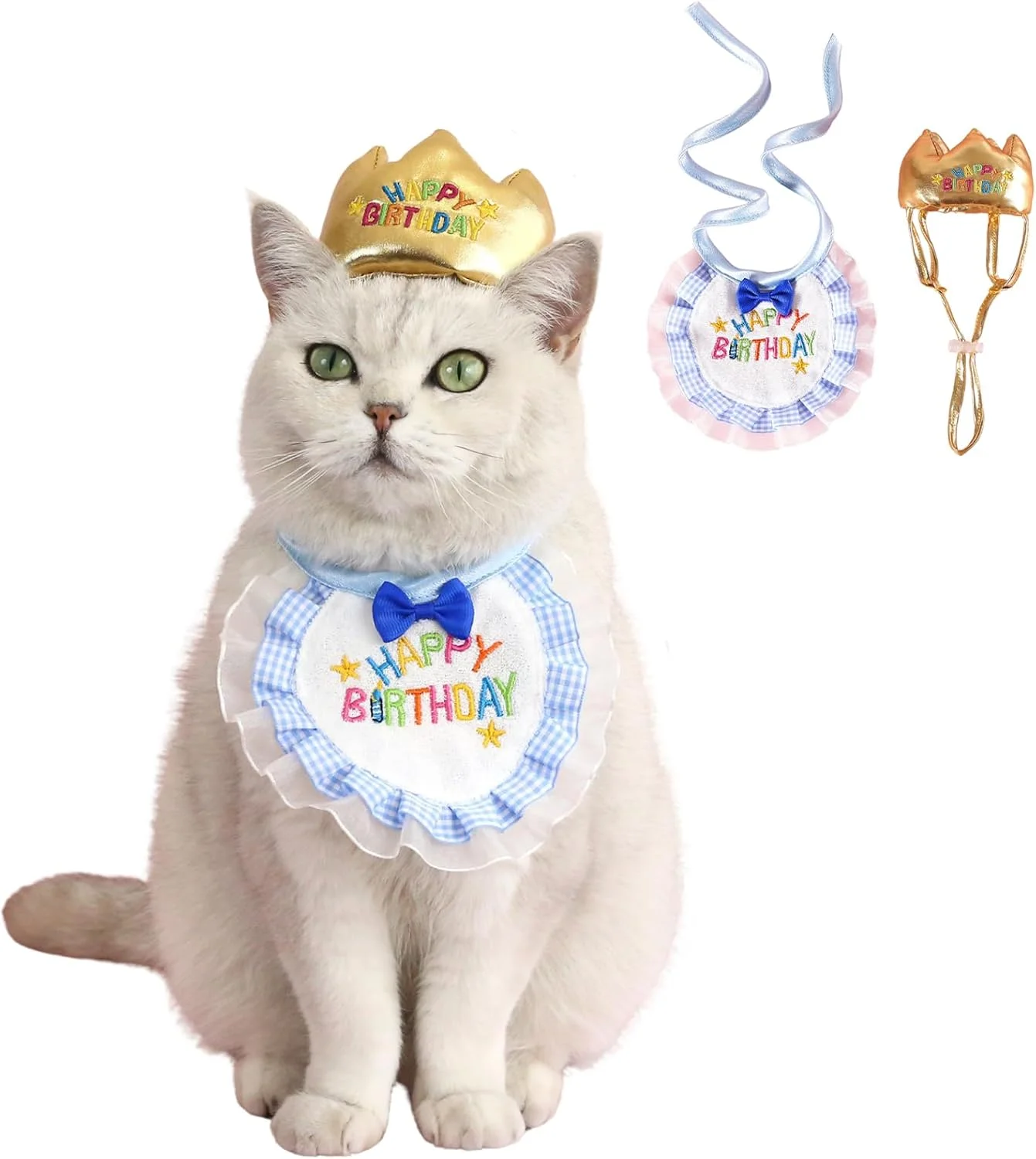 ست کلاه و شال گردن تولد سگ و گربه کوچک، لوازم مهمانی پاپیون و دستمال گردن تولد حیوانات خانگی زیبا، تزئینات تولدت مبارک برای سگ، گربه، دختران و پسران (تاج طلایی آبی)