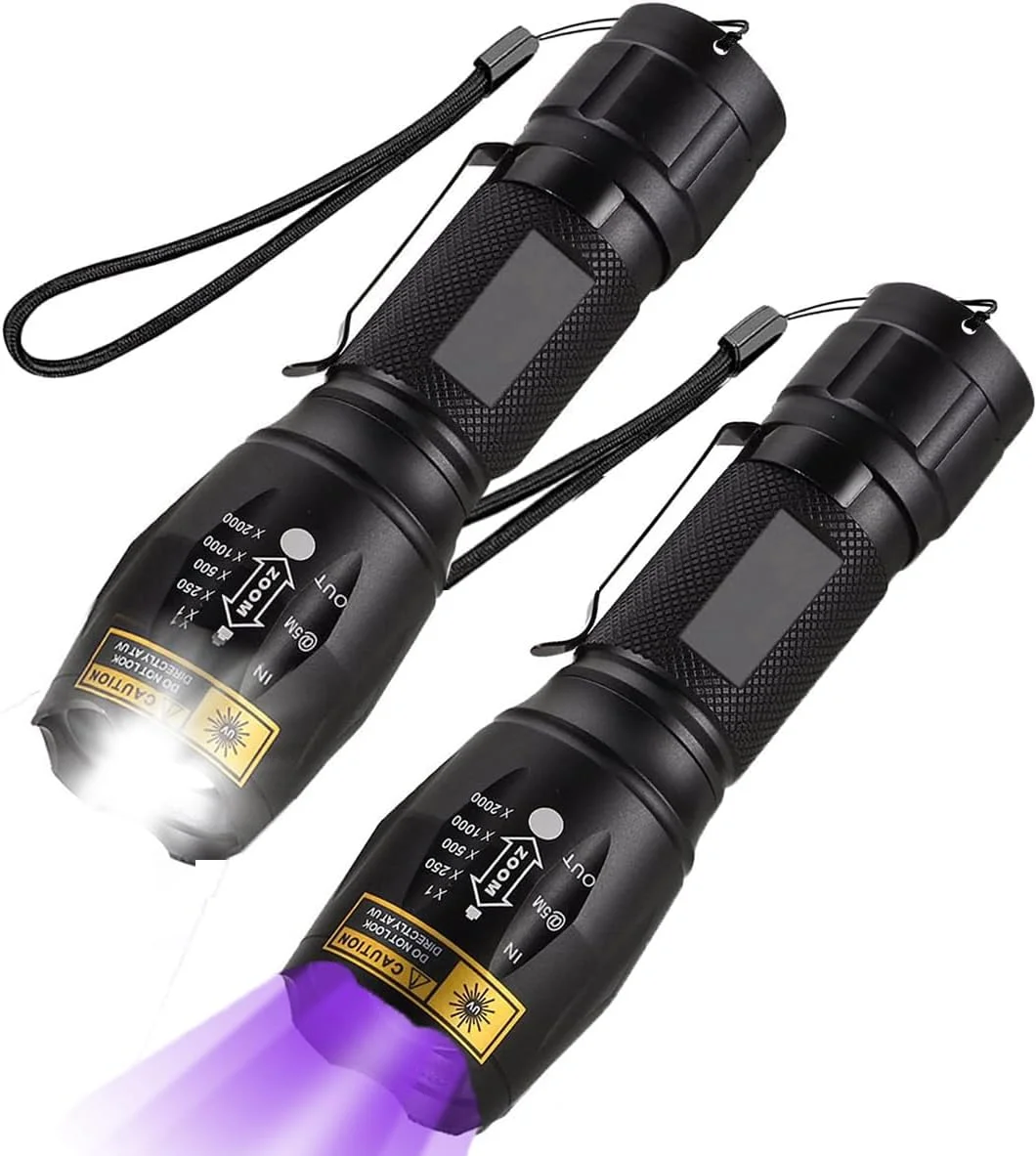 چراغ قوه تاکتیکی 2 در 1 UV+LED T Tersely، بسته 2 عددی، چراغ قوه UV با 4 حالت، چراغ قوه 395 نانومتری LED نور سیاه و نور سفید، چراغ قوه LED با لومن بالا برای کمپینگ، قطع برق و مواقع اضطراری