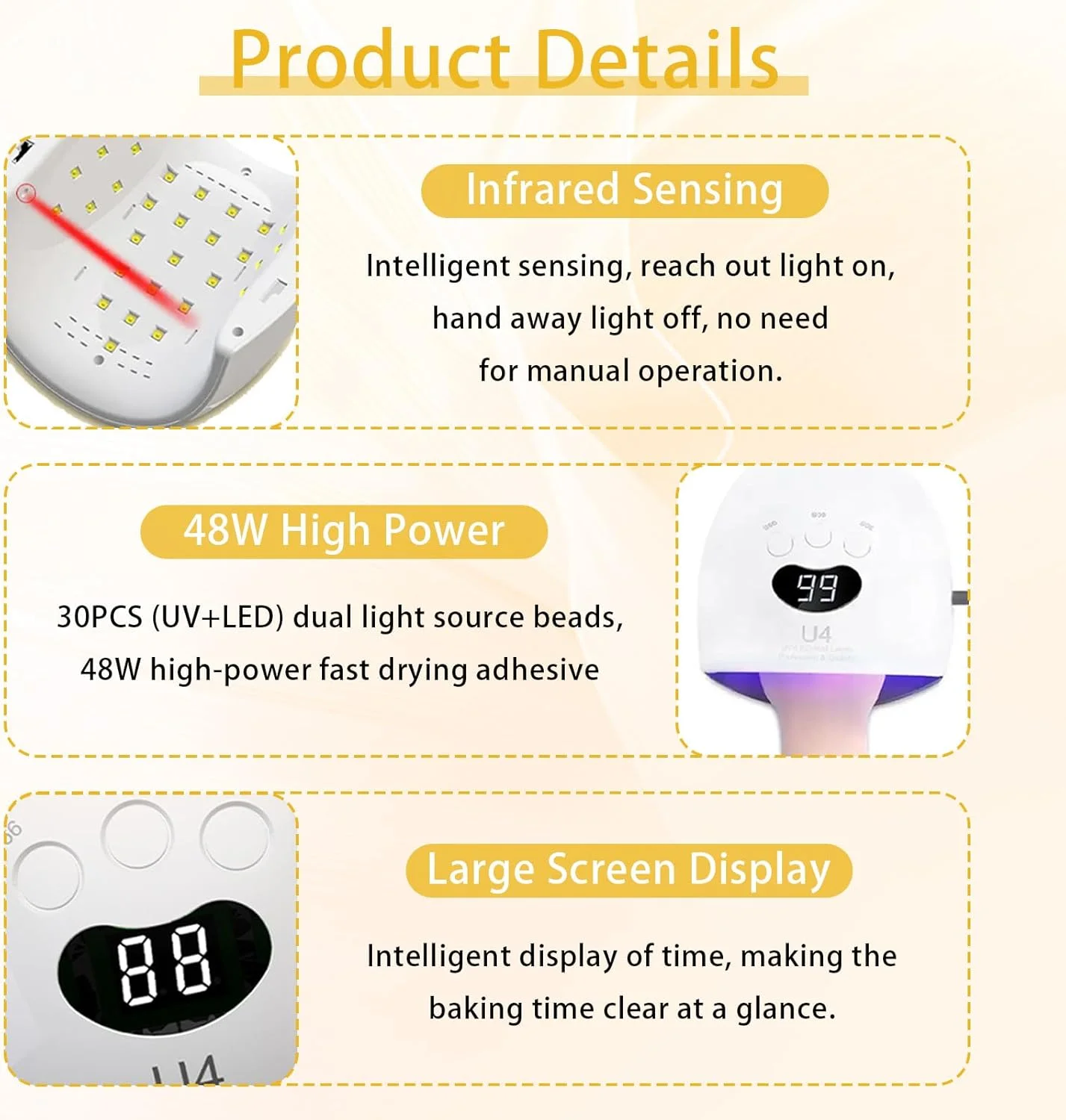 دستگاه LED UV ناخن، دستگاه لیزری LED برای قارچ ناخن با 3 تایمر، سنسور کارآمد، ترمیم حرفه ای ناخن با 30 لامپ