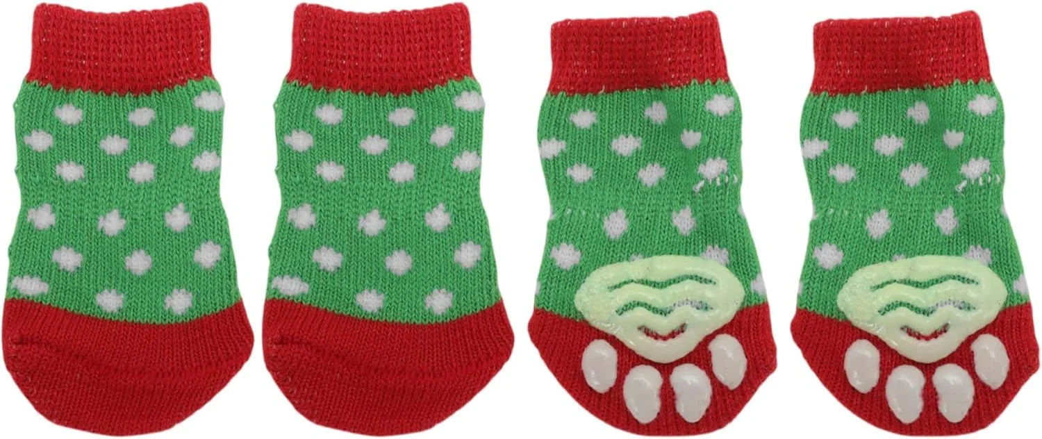 جوراب سگ CAPASTEC، جوراب های ضد لغزش برای سگ ها و گربه ها، جوراب برای محافظت از پنجه در داخل خانه و چسبندگی به لطف ژل سیلیکونی برای سگ ها و گربه ها، 1 ست (4 عدد) قرمز سبز سایز متوسط