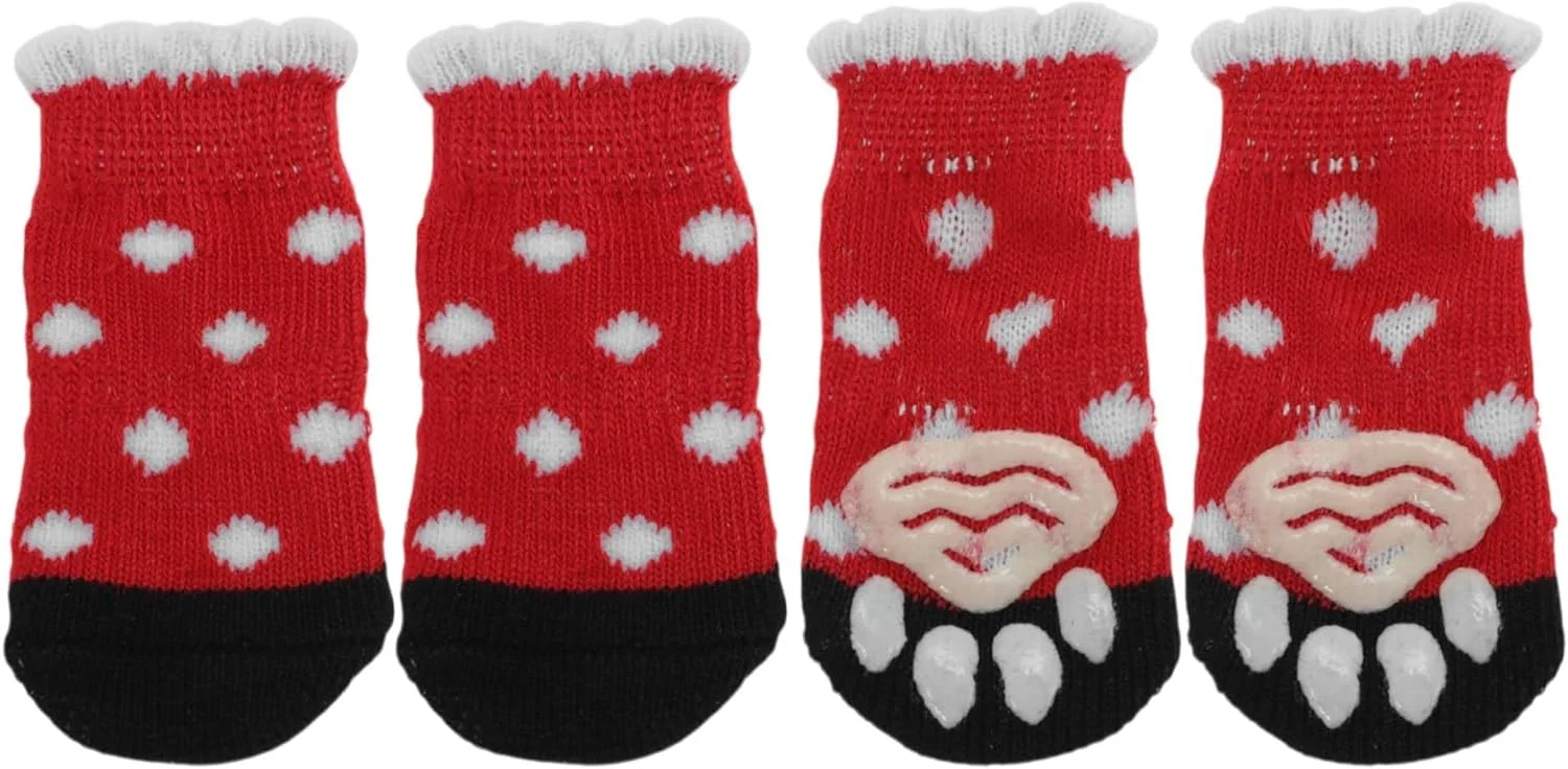 جوراب سگ و گربه ضد لغزش، محافظ پنجه حیوانات خانگی مناسب فضای داخلی با چسبندگی به لطف ژل سیلیکونی، 1 ست (4 عدد) قرمز سفید سایز کوچک