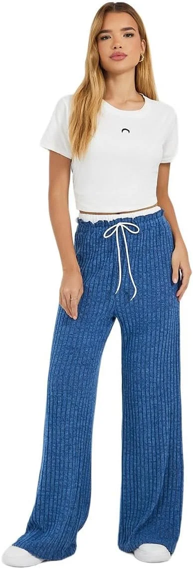 شلوار زنانه استایلی با فاق بلند، بافت کبریتی، پاچه گشاد و بند کشی