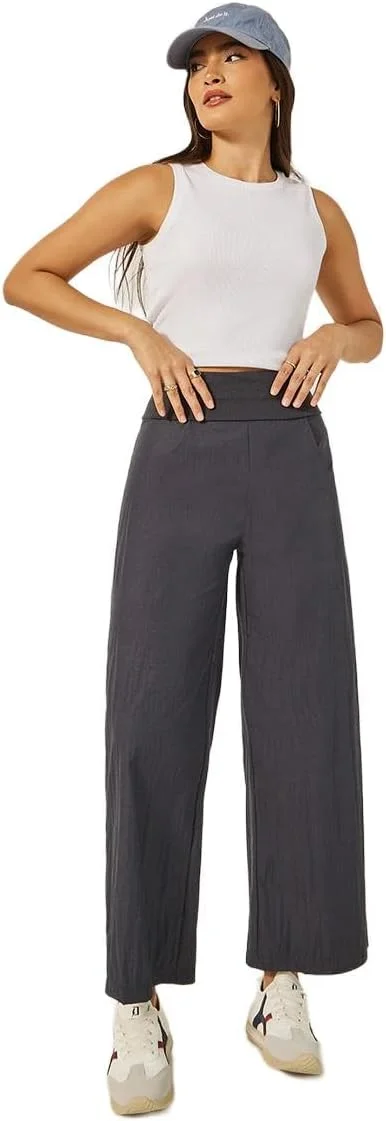 شلوار زنانه استایلی، فاق متوسط، پاچه گشاد، کمر پهن، زغالی، سایز XS