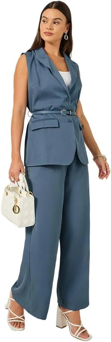 شلوار زنانه استایلی پاچه گشاد کمربند دار با جیب بغل سایز XL آبی