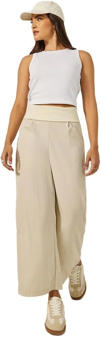 شلوار زنانه استایلی، فاق متوسط، پاچه گشاد، کمر پهن، کرم سایز S