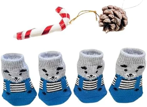 جوراب سگ خانگی با طرح چشم کارتونی، محافظت از پنجه ضد لغزش، 2 جفت، جوراب نخی سگ، جوراب بافتنی گرم محافظ پنجه ضد لغزش سگ (آبی سلطنتی).