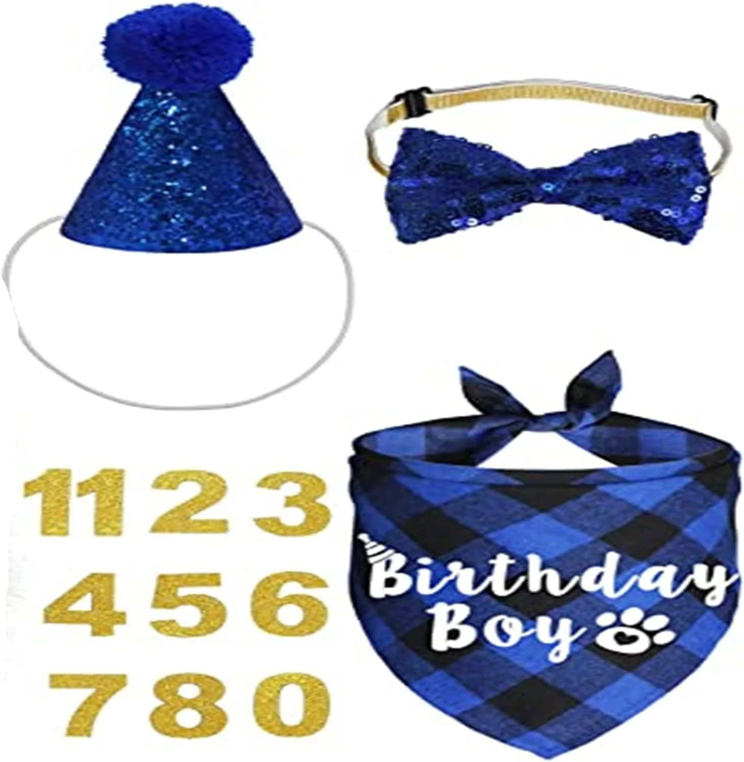 لوازم جشن تولد گربه/سگ - دستمال گردن چهارخانه تولد بچه گربه به همراه کلاه، پاپیون و عدد برای تزئینات (A)