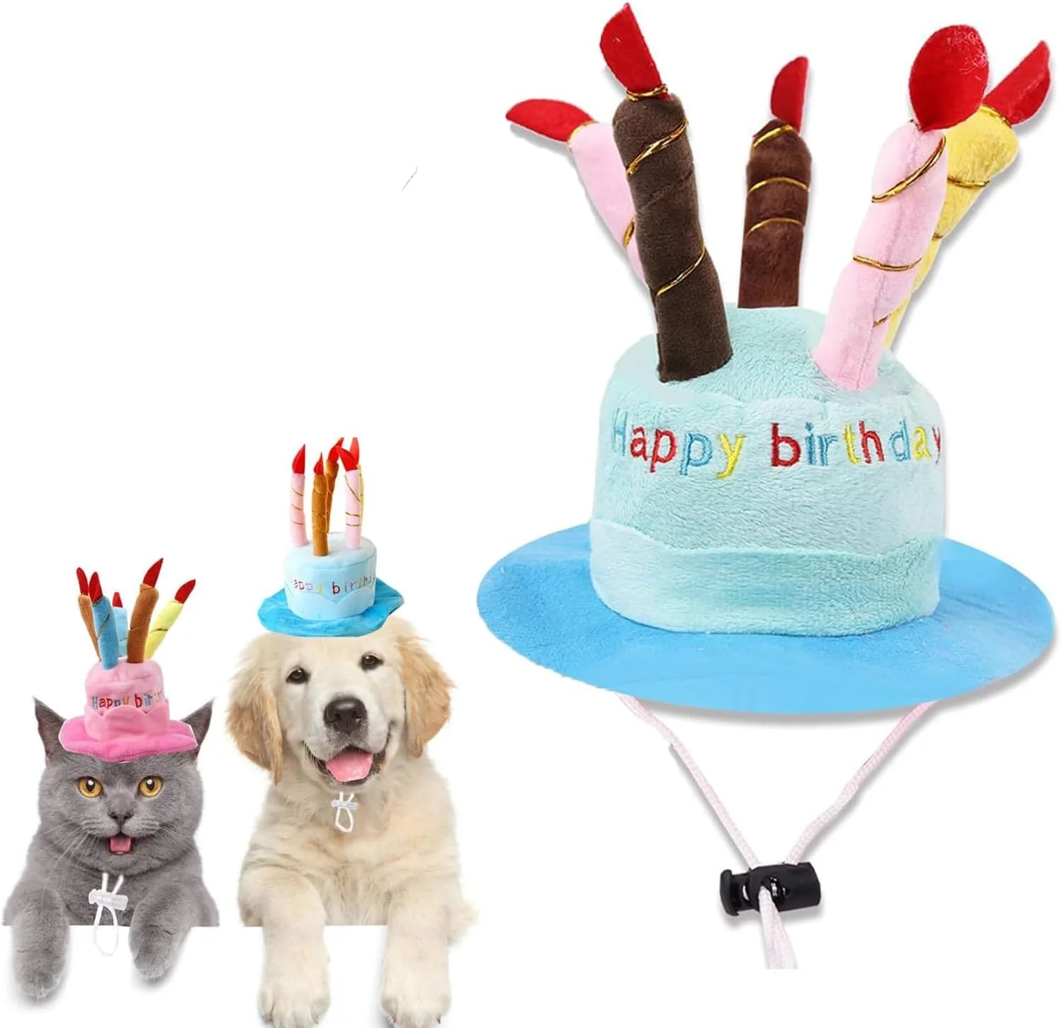 کلاه تولد سگ با کیک پولیشی و شمع، لوازم جانبی مهمانی قابل تنظیم برای سگ ها و گربه ها، سایز مناسب برای اکثر حیوانات (صورتی)