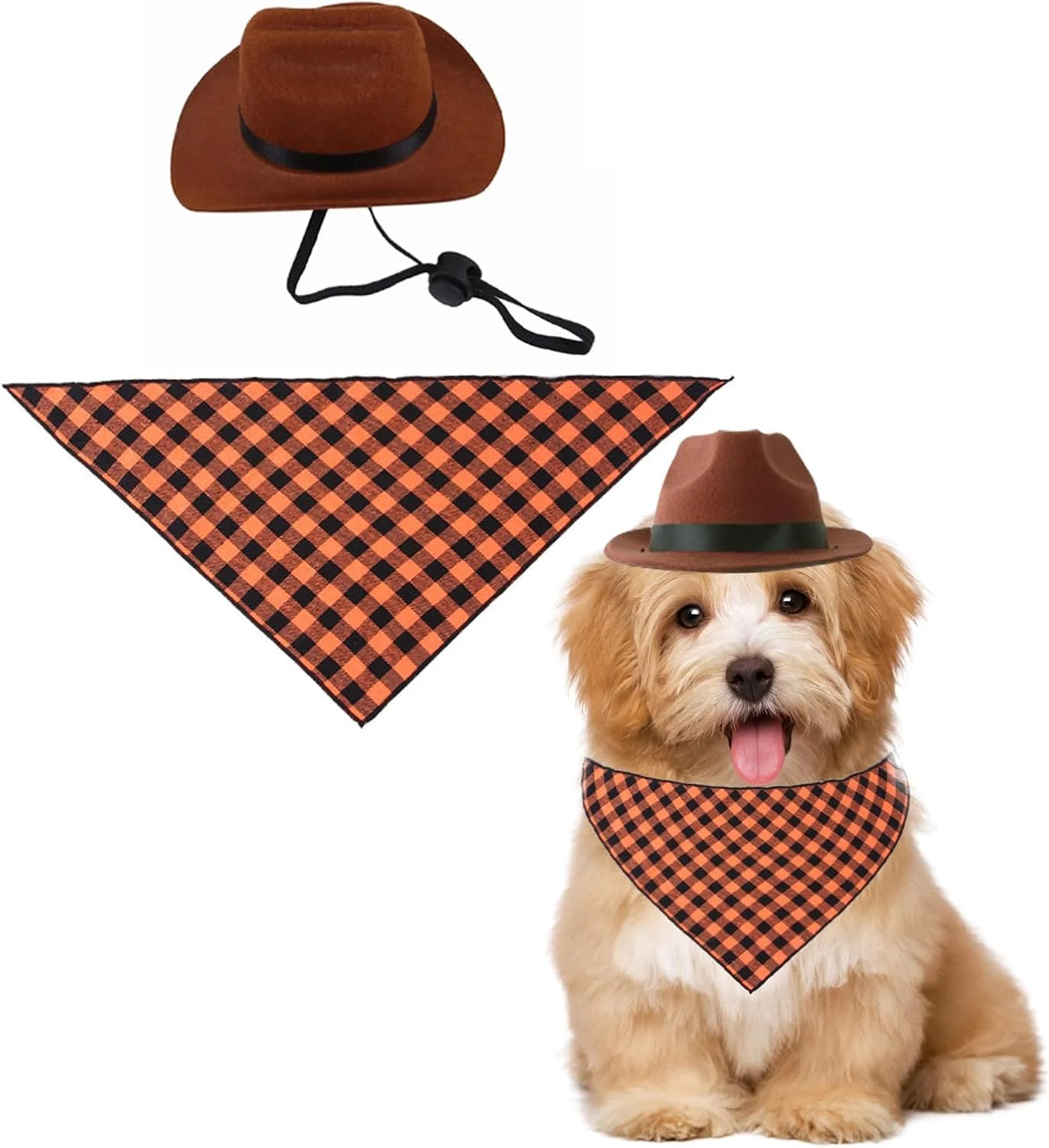 ست کلاه حیوانات خانگی، کلاه کابویی وسترن برای گربه ها و سگ ها، روسری مثلثی شطرنجی یکپارچهسازی با سیستمعامل، هالووین، کریسمس، ست لباس تولد سگ و گربه - قهوه ای